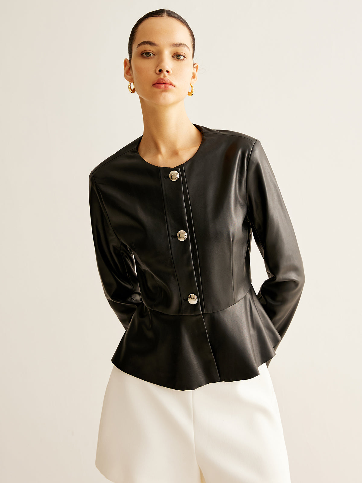 Breasted Ruffle Faux Leather Jacket-Massicos
