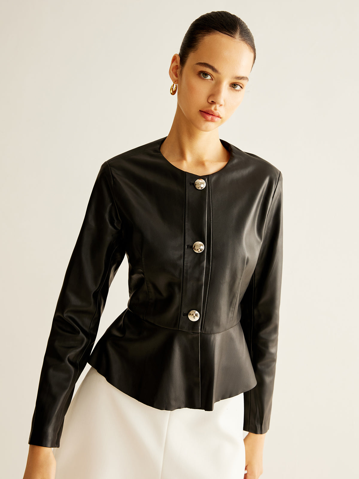 Breasted Ruffle Faux Leather Jacket-Massicos