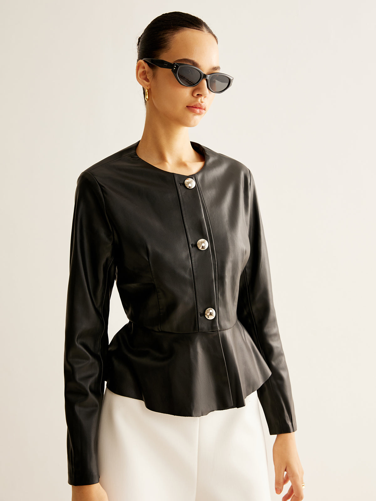 Breasted Ruffle Faux Leather Jacket-Massicos