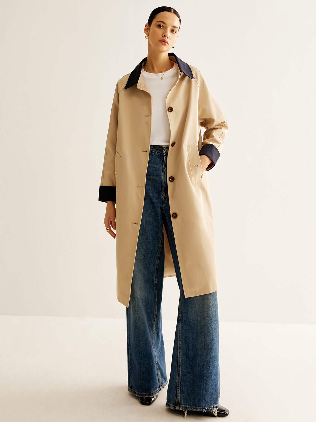Contrast Binding Long Trench Coat-Massicos