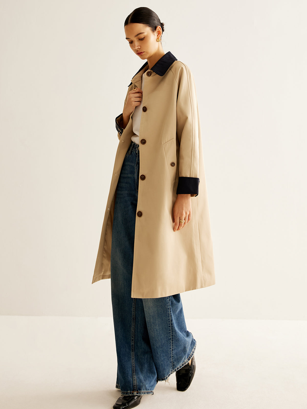 Contrast Binding Long Trench Coat-Massicos