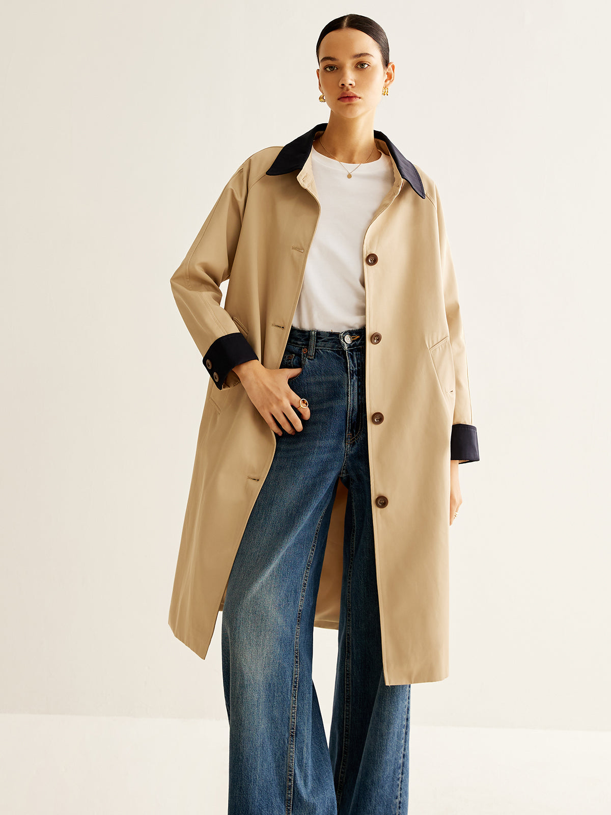 Contrast Binding Long Trench Coat-Massicos