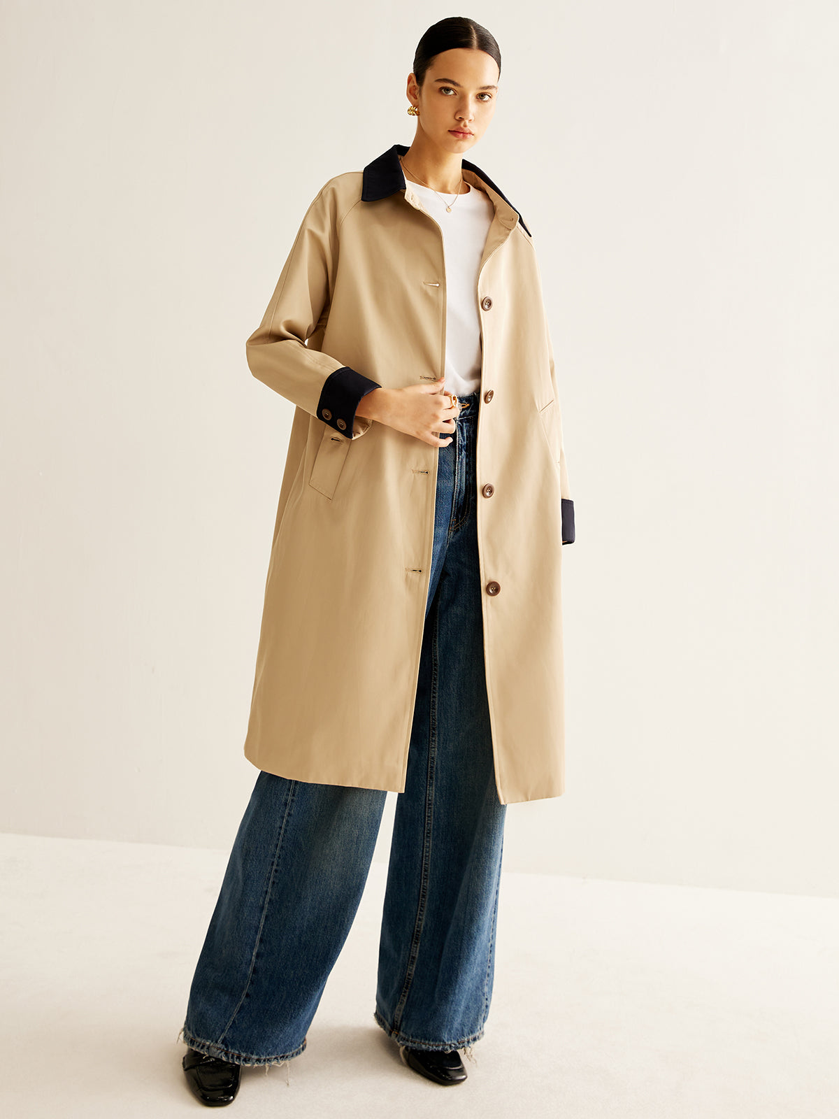 Contrast Binding Long Trench Coat-Massicos