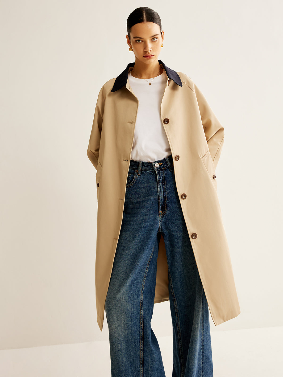 Contrast Binding Long Trench Coat-Massicos