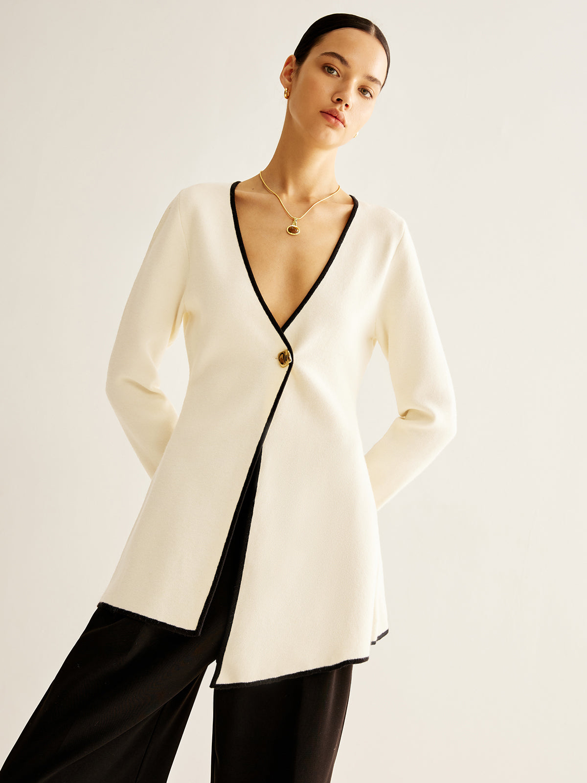 Wool-Blend Contrast Trim Slit Cardigan-Massicos