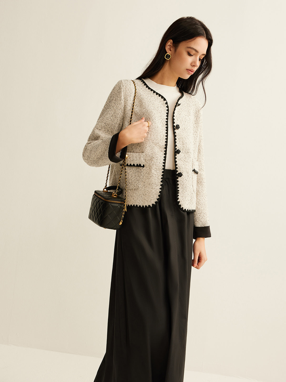 Embroidered Trim Tweed Short Jacket-Massicos