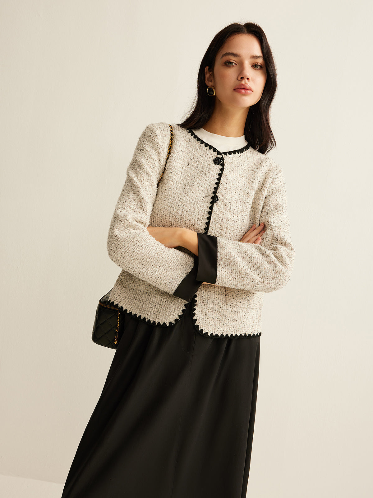 Embroidered Trim Tweed Short Jacket-Massicos