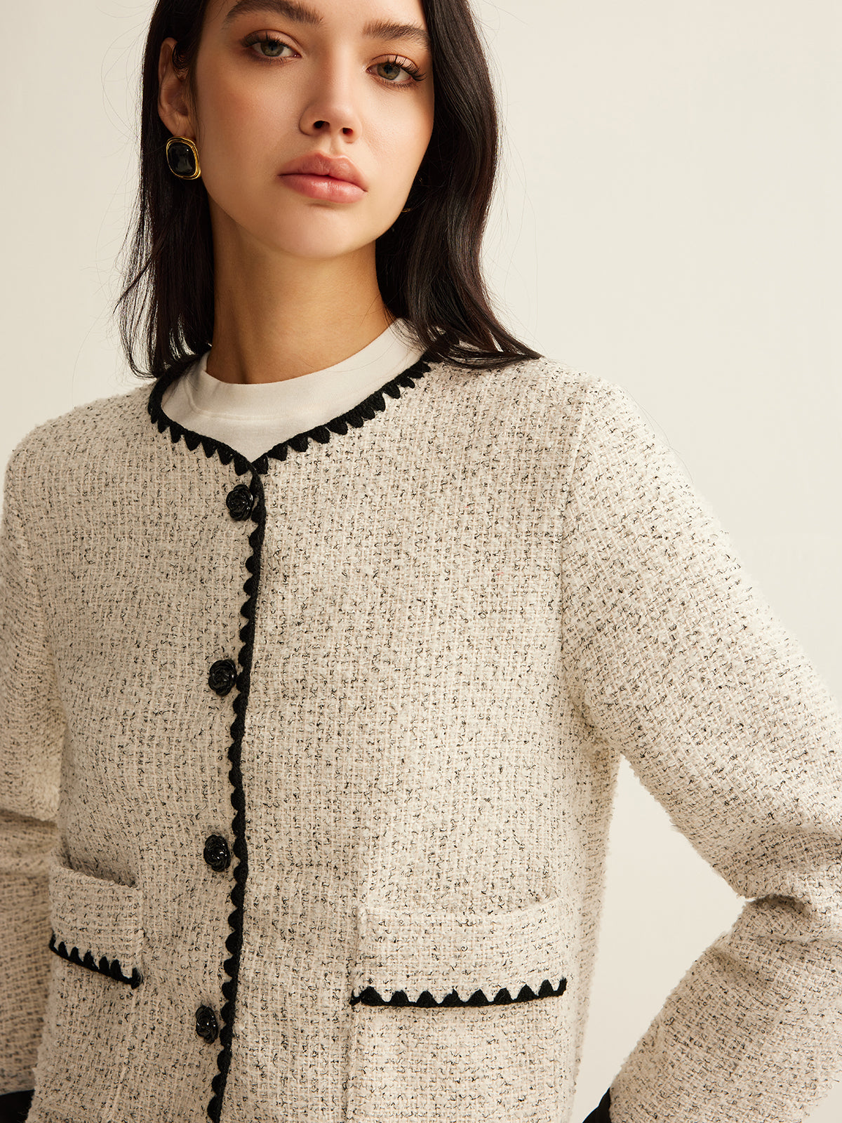 Embroidered Trim Tweed Short Jacket-Massicos