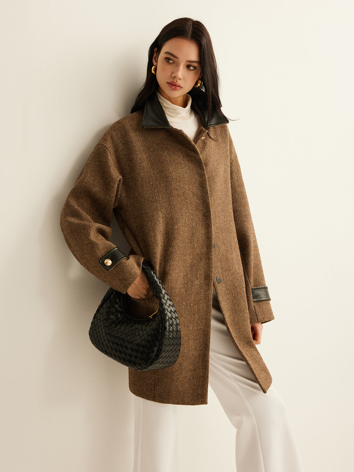 Contrast Collar Button Wool Coat-Massicos