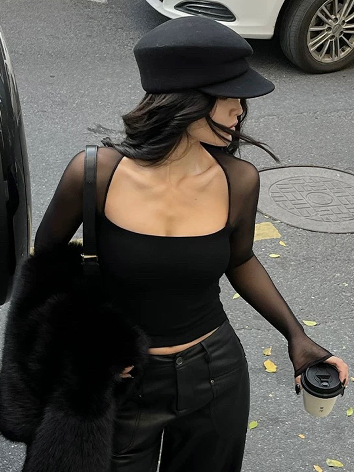 Square Neck Sheer Panel Crop T-Shirt-Massicos