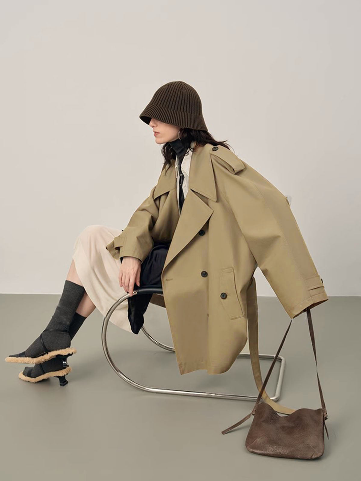 Lapel Oversize Belted Trench Coat-Massicos
