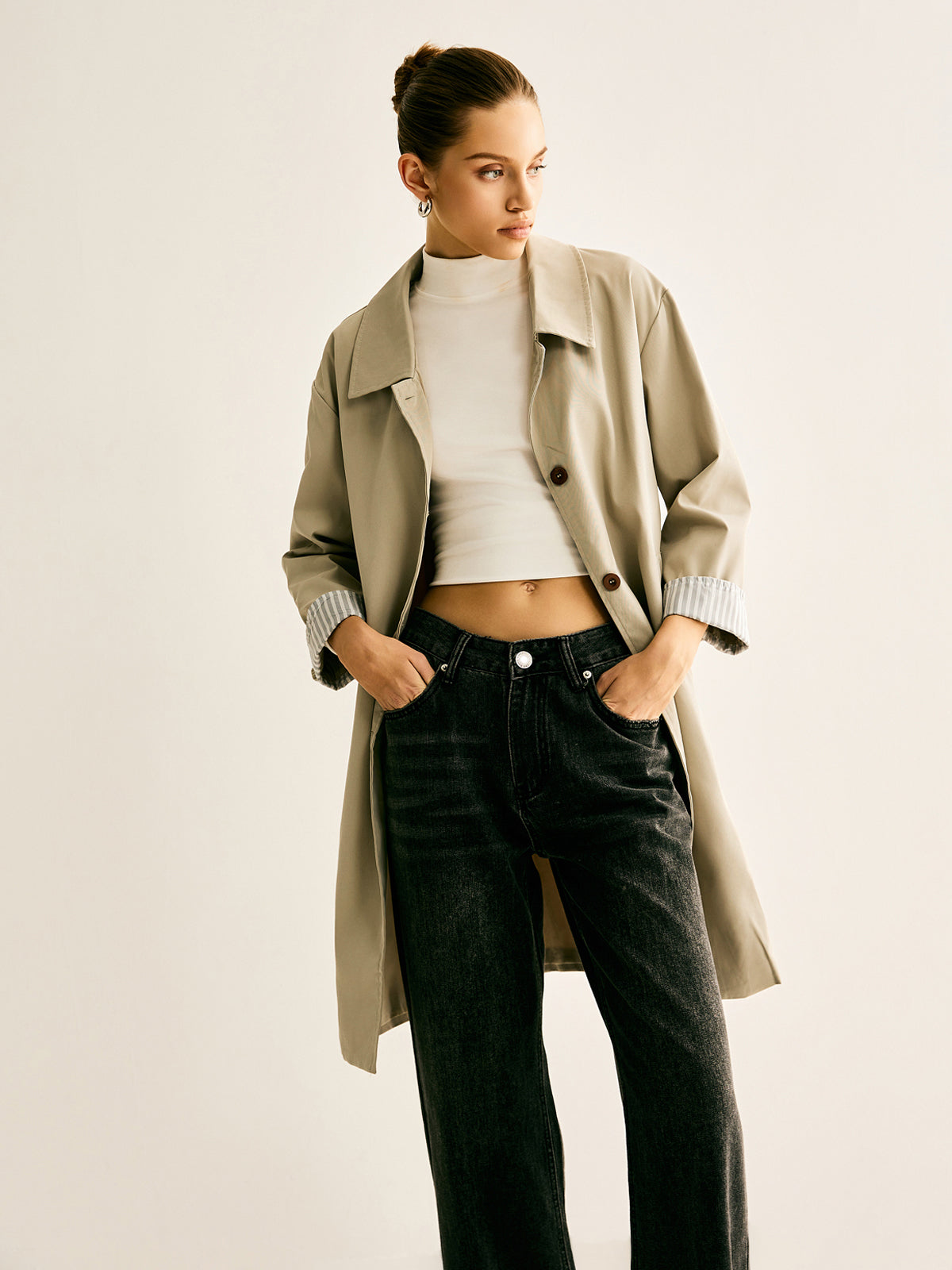 Pinstripe-Cuff Long Trench Coat-Massicos