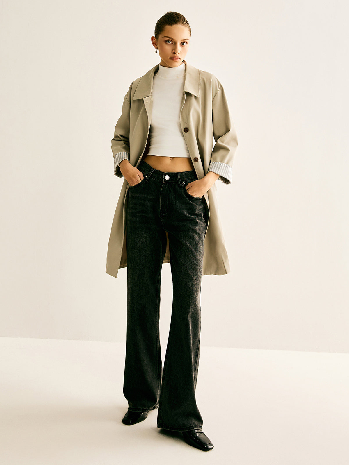 Pinstripe-Cuff Long Trench Coat-Massicos