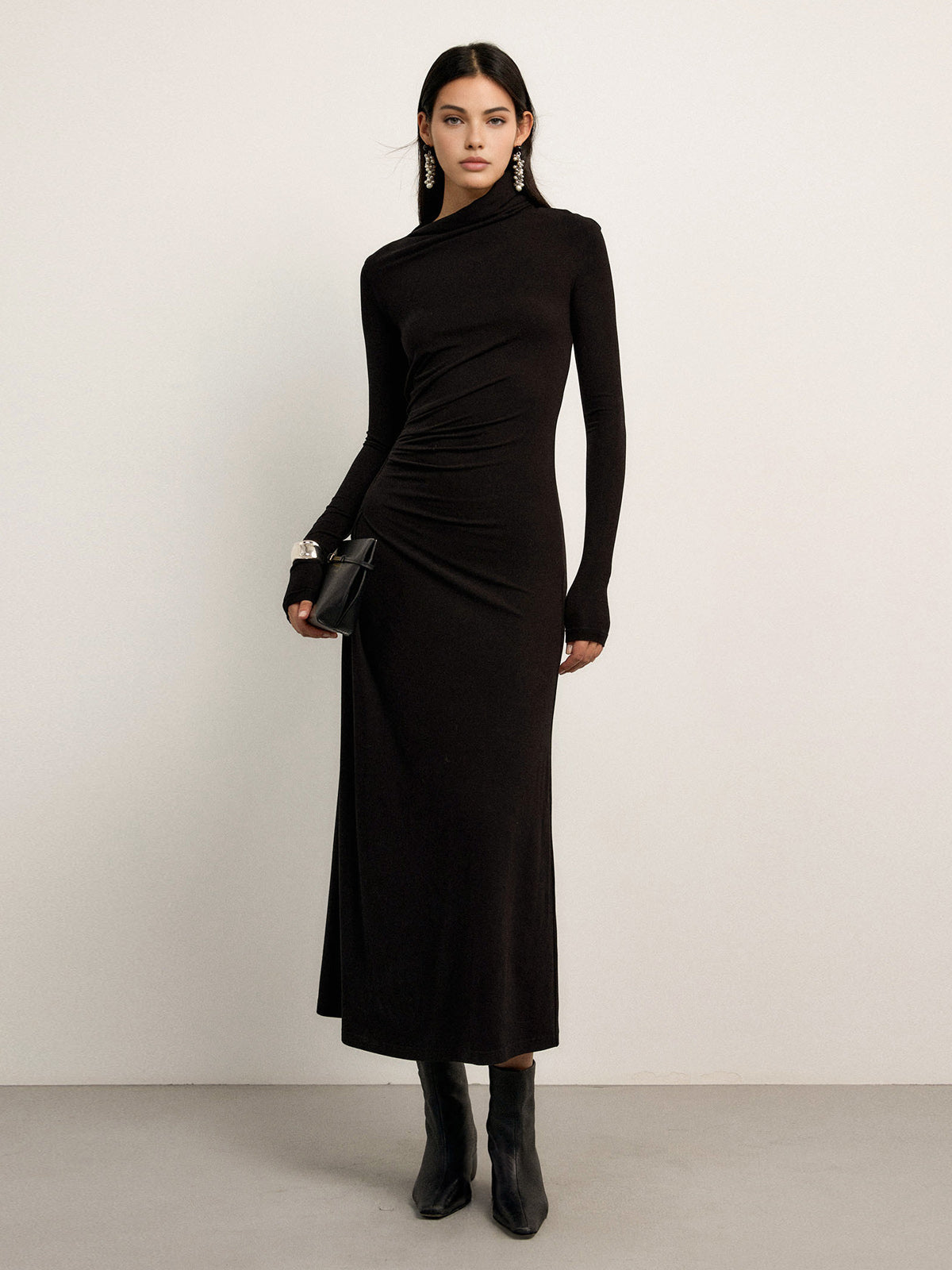 Bodycon Asymmetrical Neck Long Sleeve Ruched Maxi Dress-Massicos