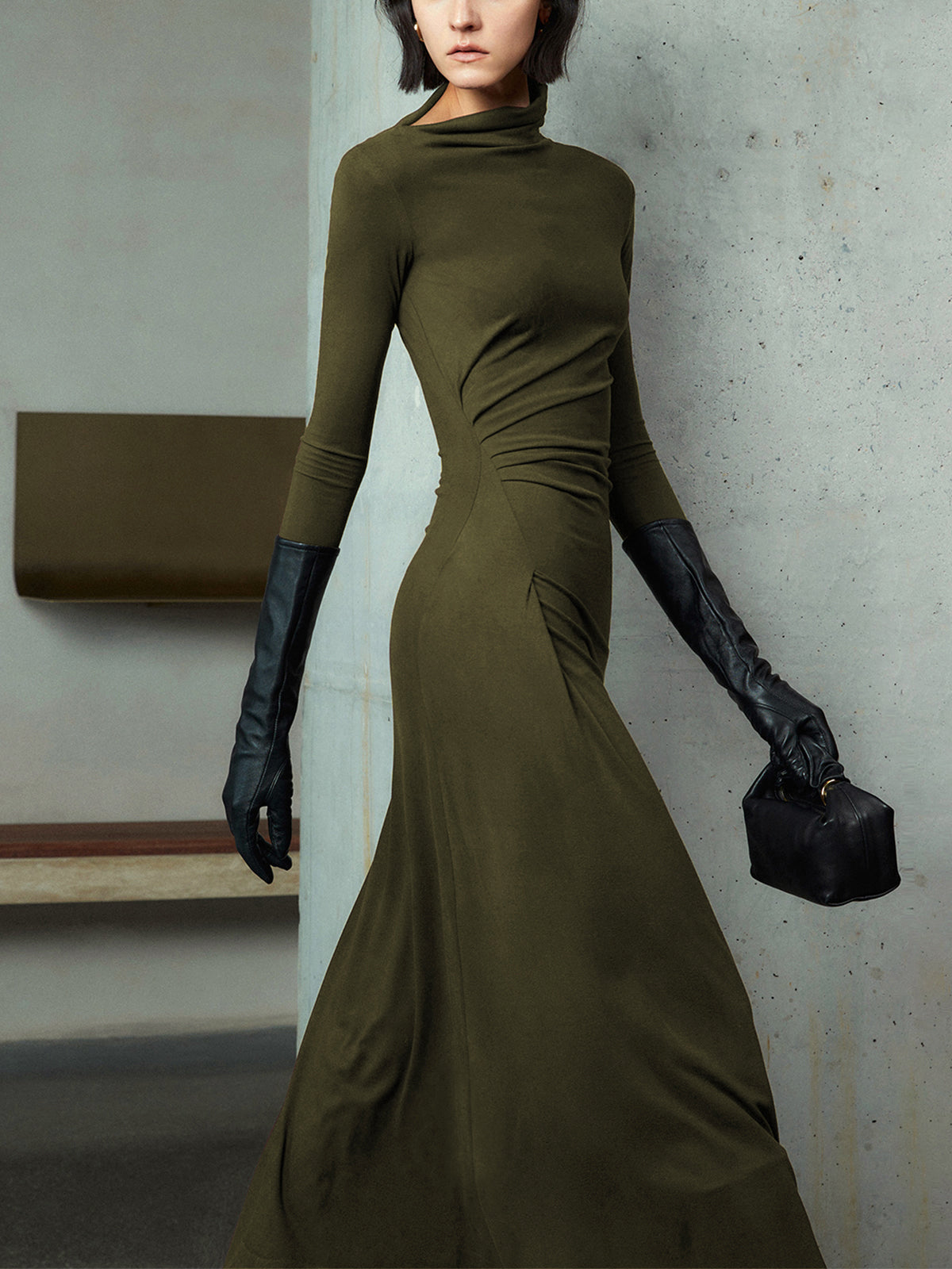 Bodycon Asymmetrical Neck Long Sleeve Ruched Maxi Dress-Massicos