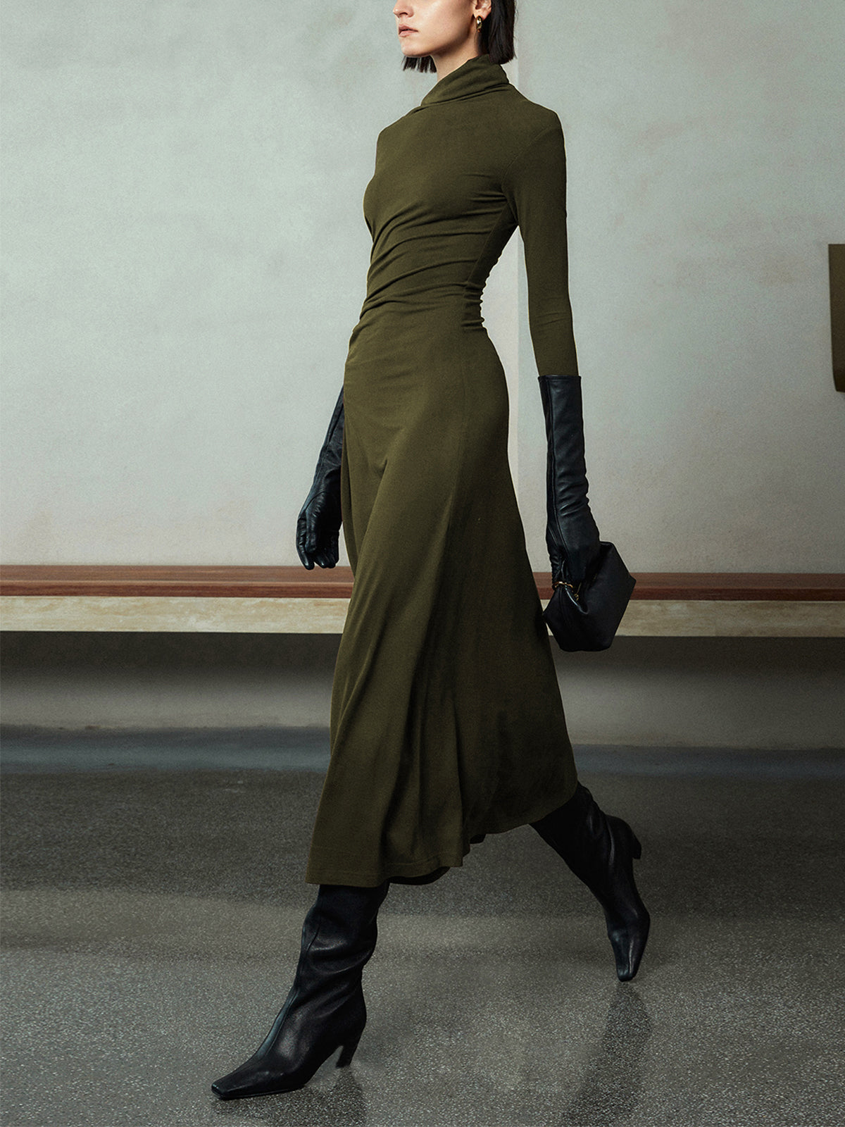 Bodycon Asymmetrical Neck Long Sleeve Ruched Maxi Dress-Massicos