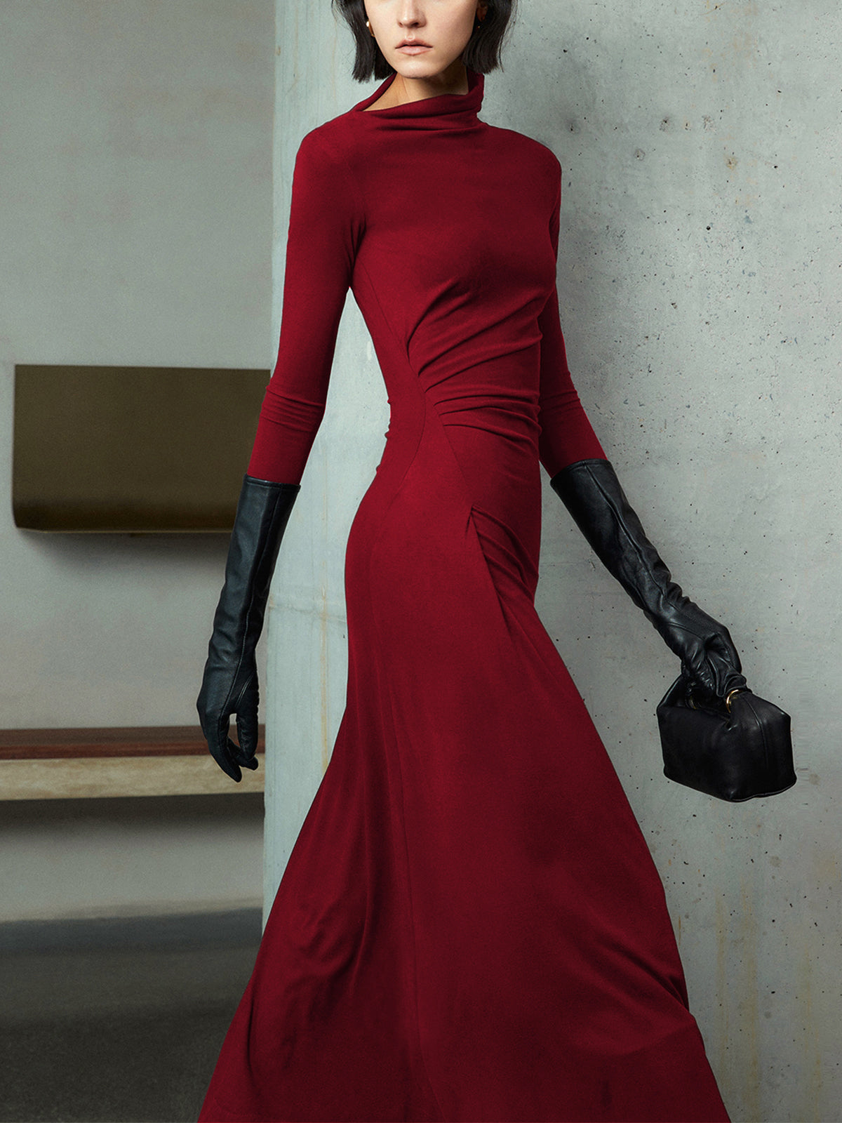 Bodycon Asymmetrical Neck Long Sleeve Ruched Maxi Dress-Massicos