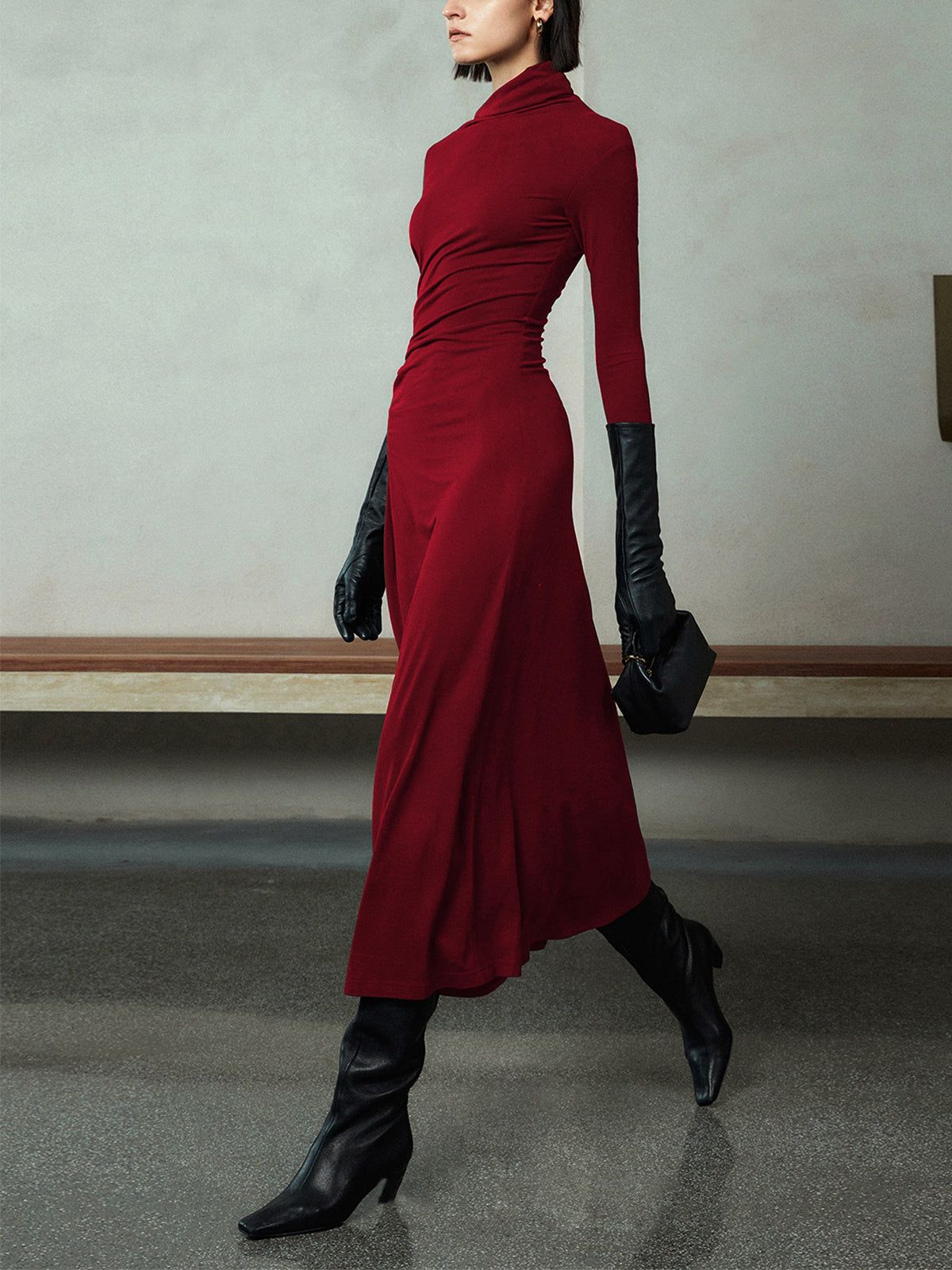 Bodycon Asymmetrical Neck Long Sleeve Ruched Maxi Dress-Massicos
