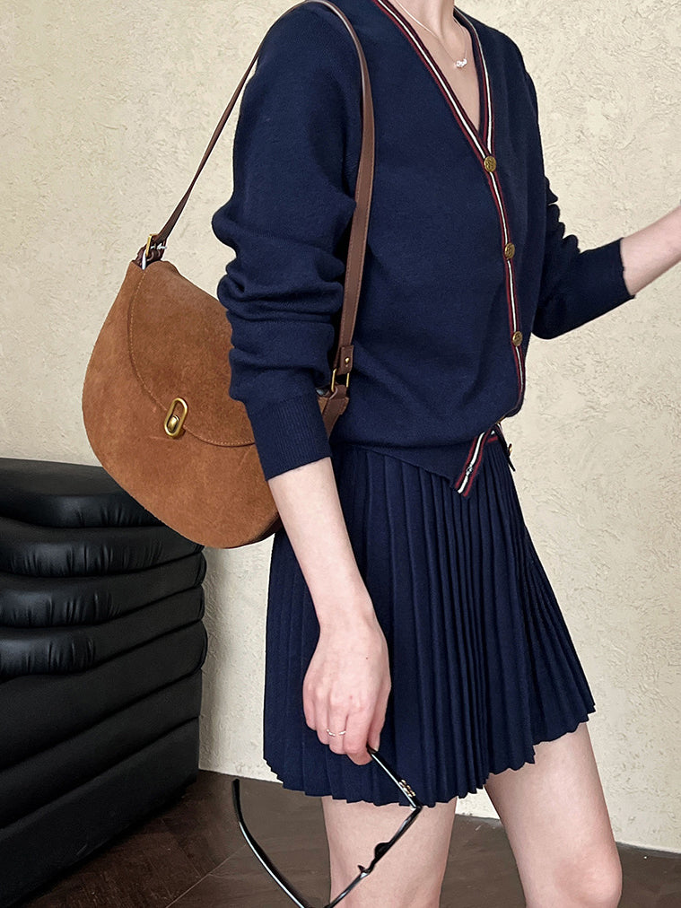 V-Neck Pleated Jersey Skirt Set-Massicos