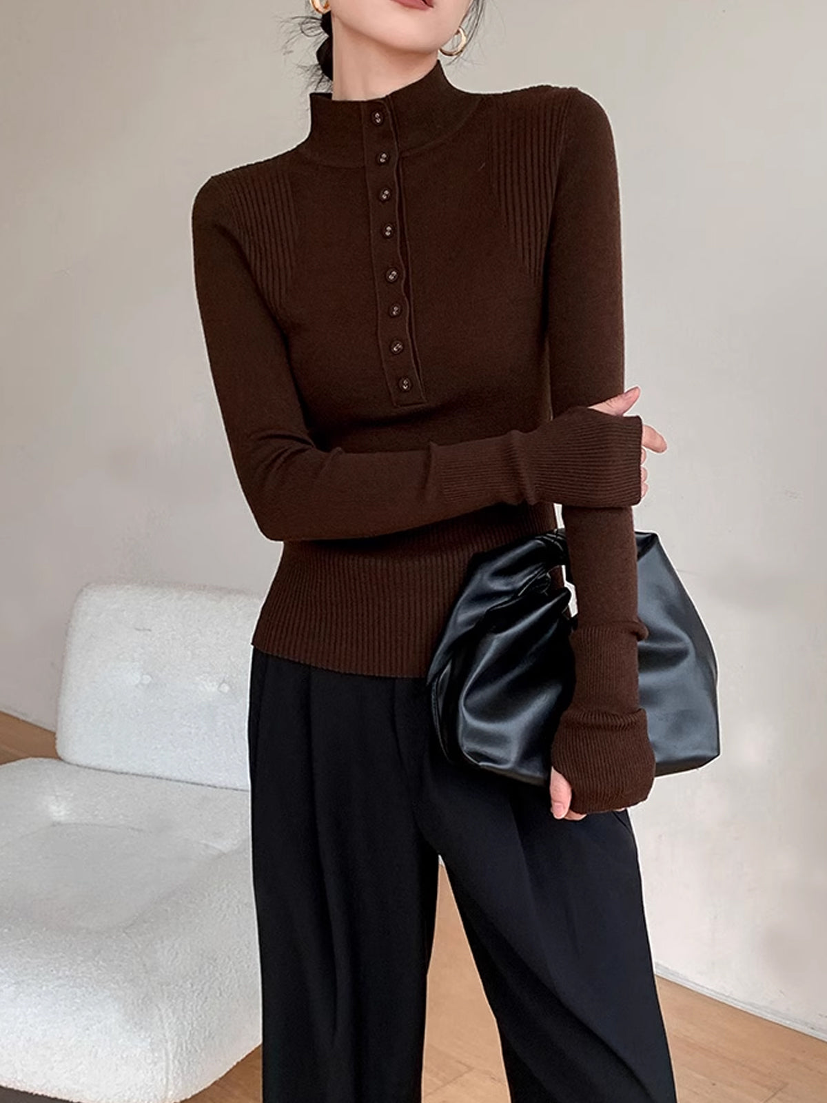 Mock Neck Breasted Slim Sweater-Massicos