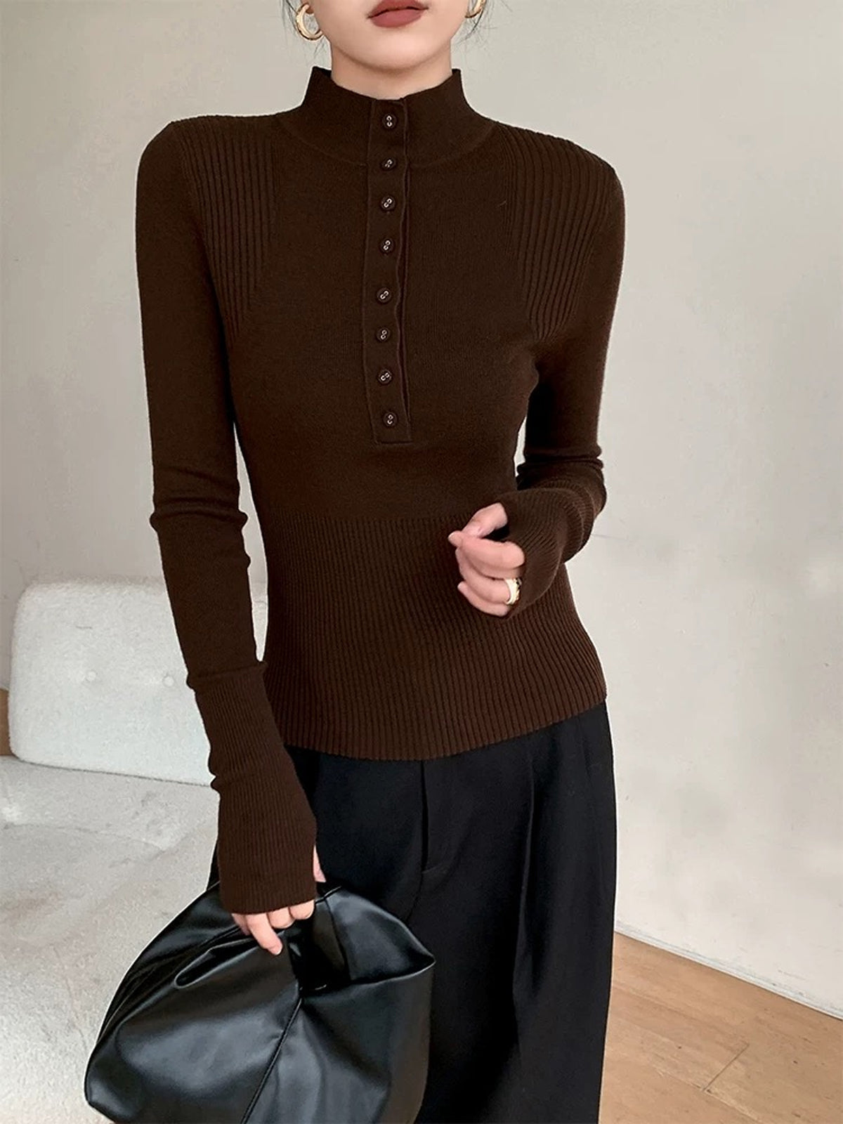 Mock Neck Breasted Slim Sweater-Massicos