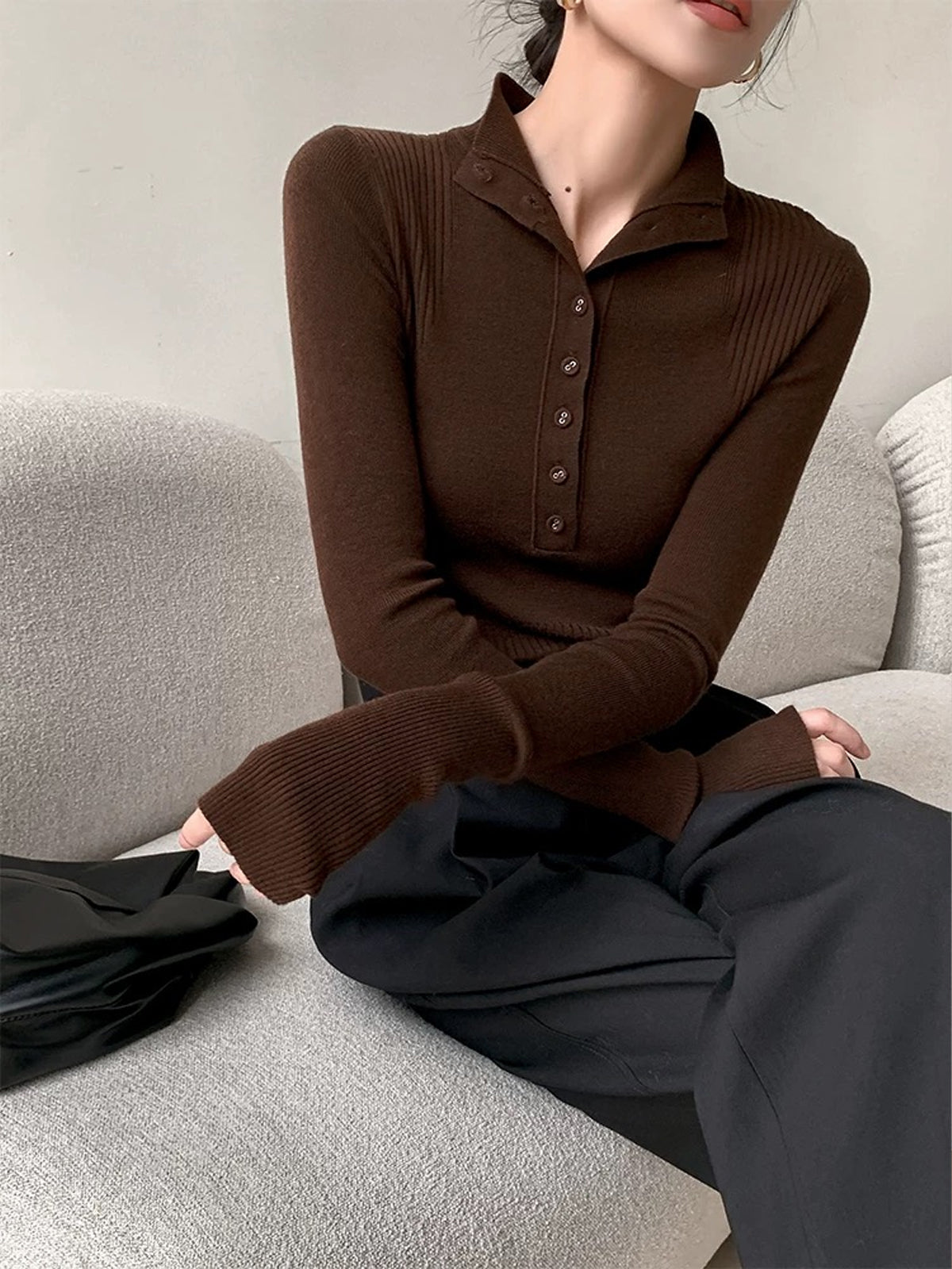 Mock Neck Breasted Slim Sweater-Massicos