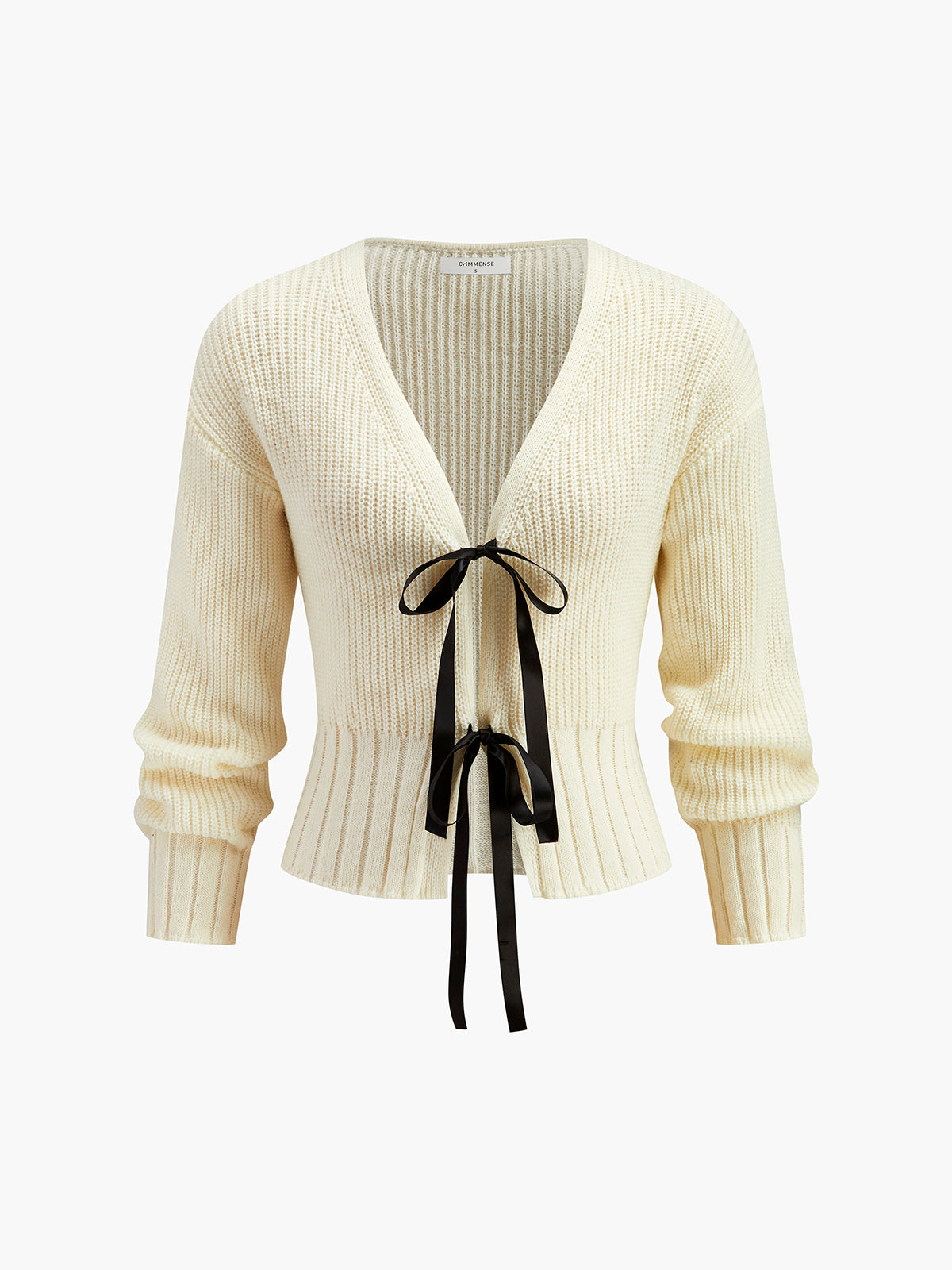 V-Neck Bow Ribbed Cardigan-Massicos