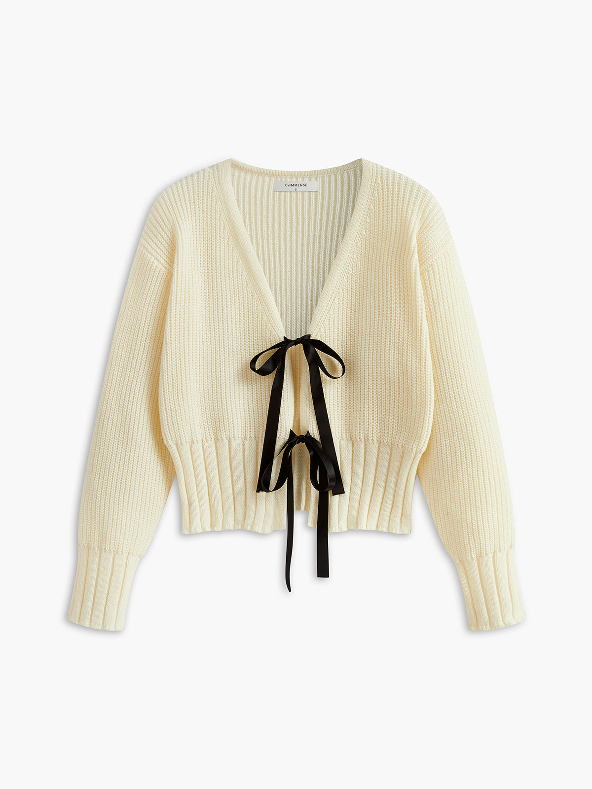 V-Neck Bow Ribbed Cardigan-Massicos