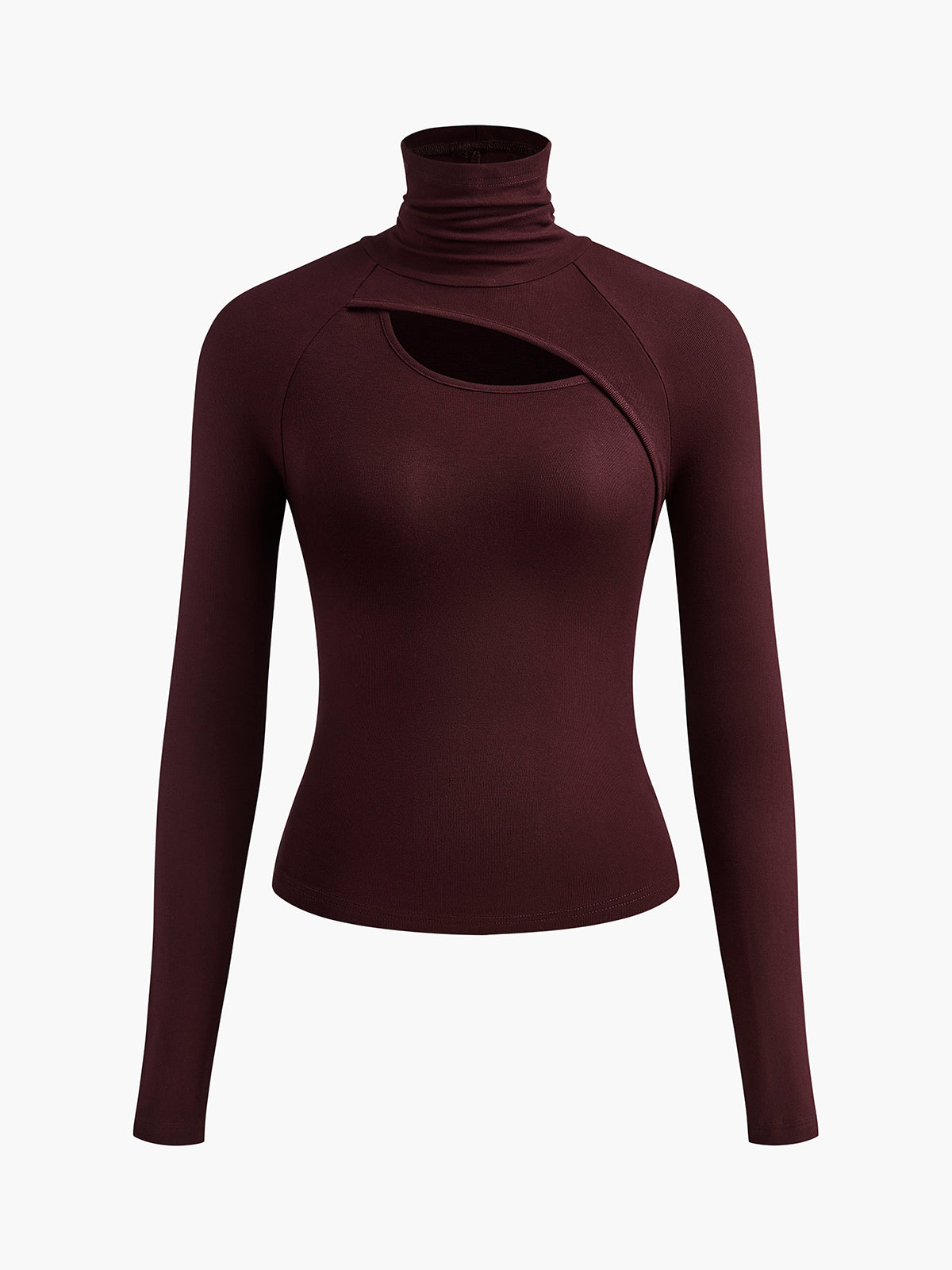 Asymmetric Cut Out Turtleneck Long Sleeve Slinky Top-Massicos