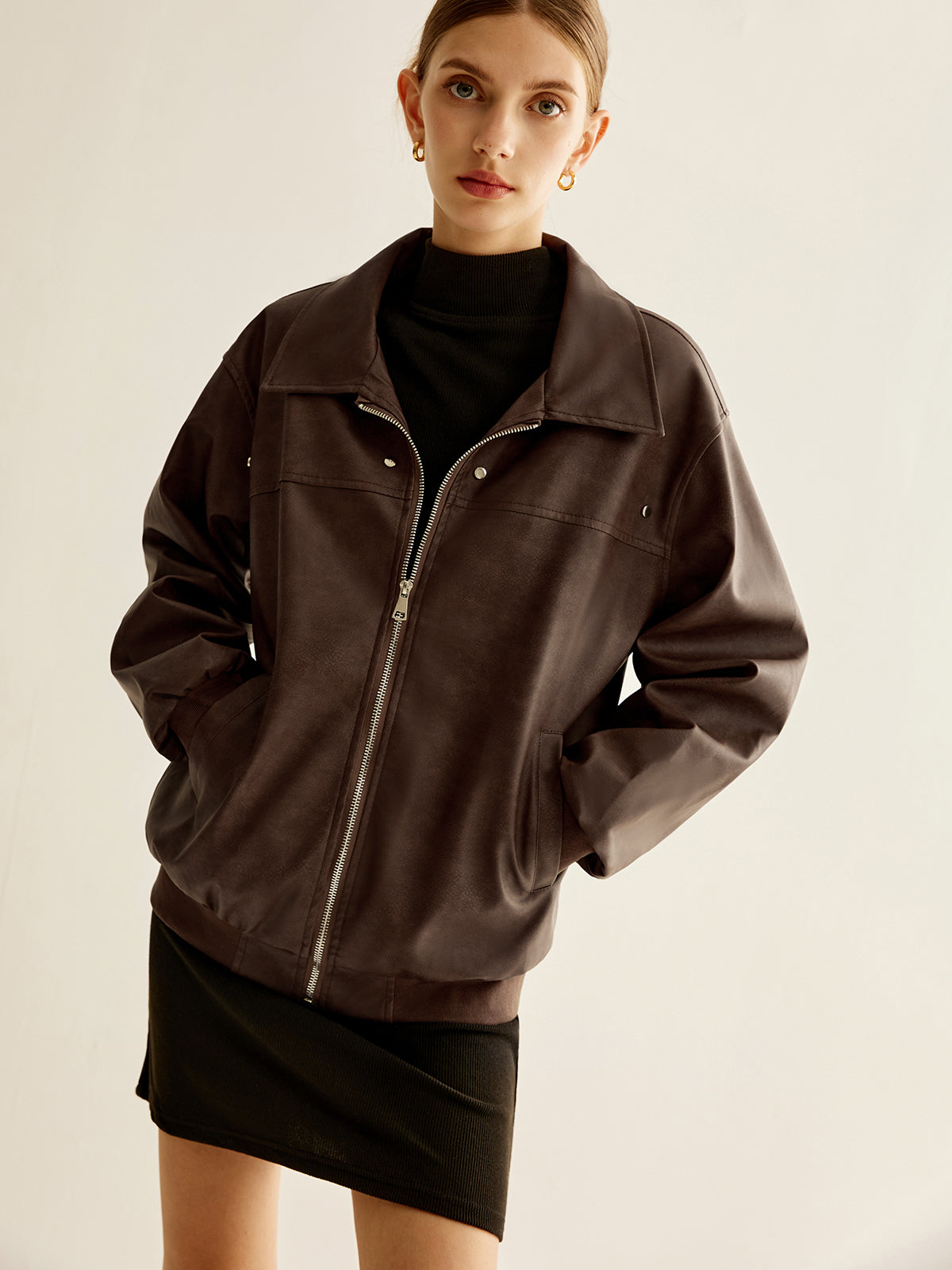 Zipper Shift PU Leather Jacket-Massicos