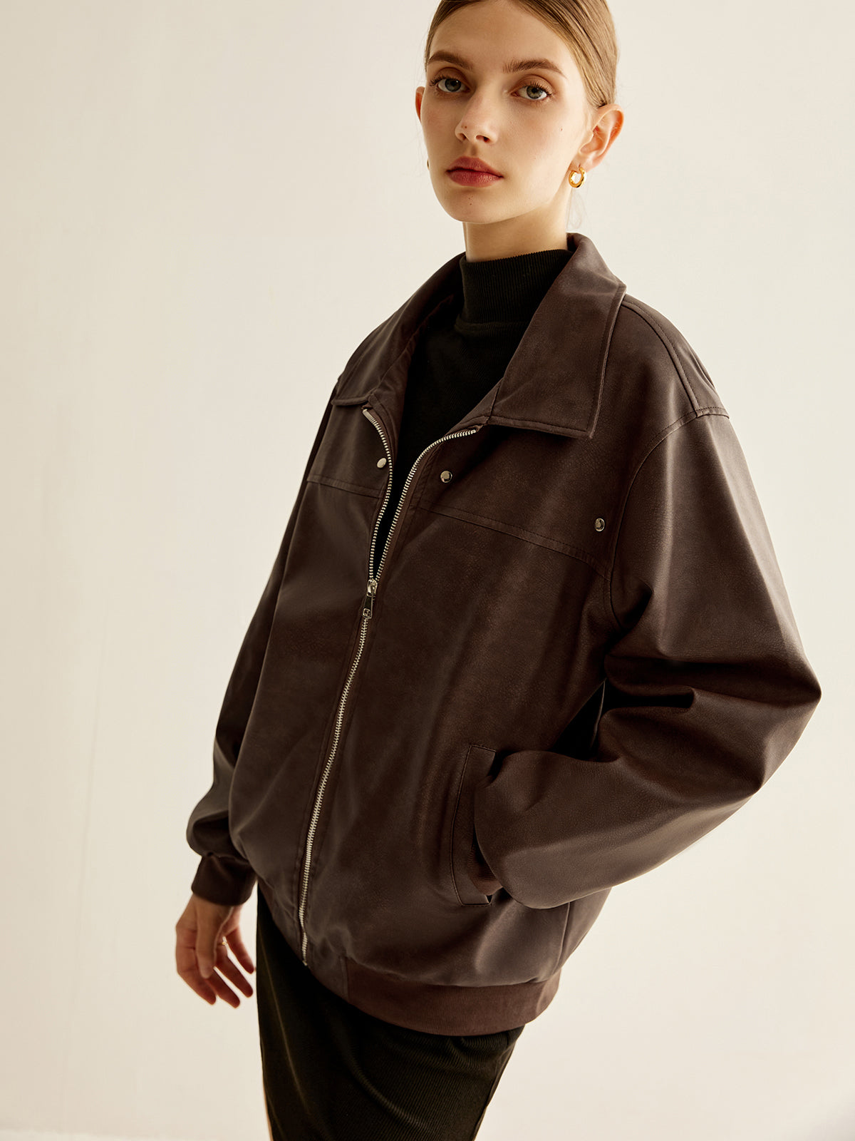 Zipper Shift PU Leather Jacket-Massicos