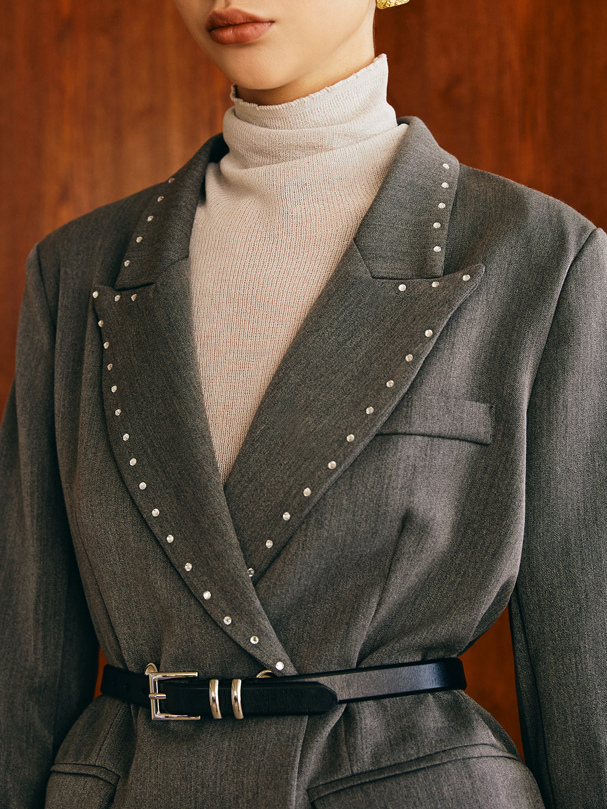 Beaded-Decor Blazer Without Belt-Massicos