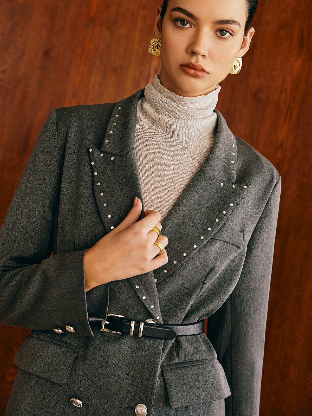 Beaded-Decor Blazer Without Belt-Massicos