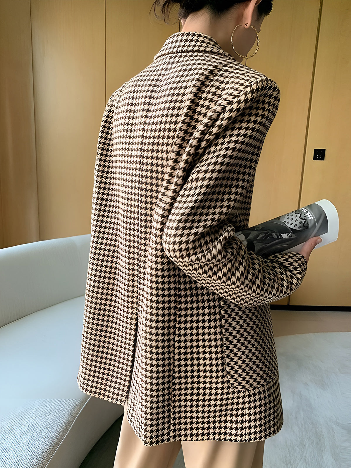 Houndstooth Split Blazer With Belt-Massicos