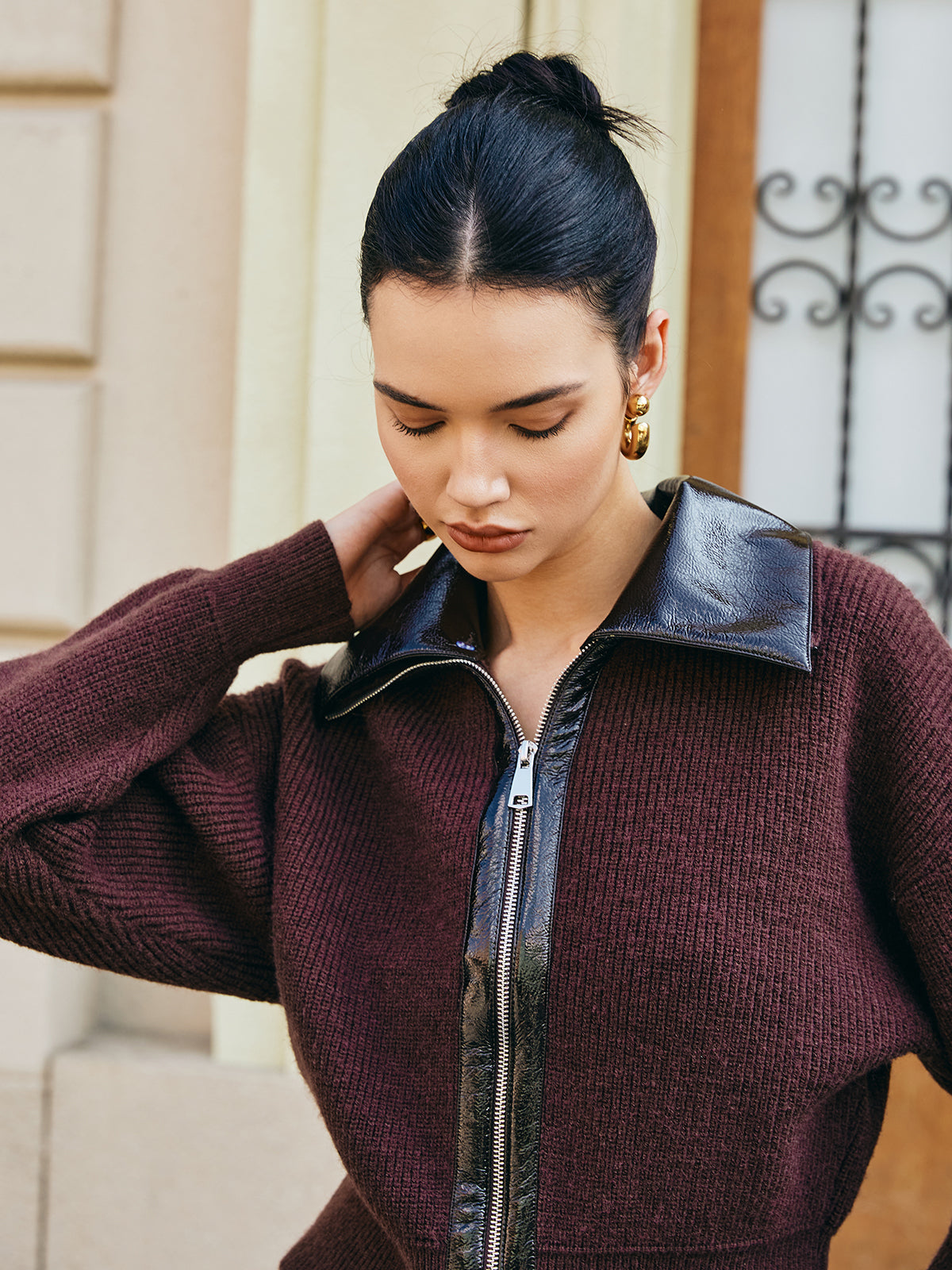 Color Block Zipper Knit Top-Massicos