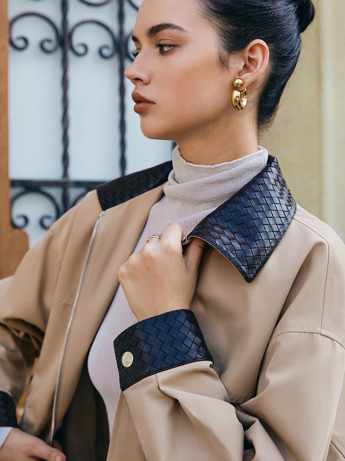 Contrast Collar Drawstring Faux Leather Jacket-Massicos