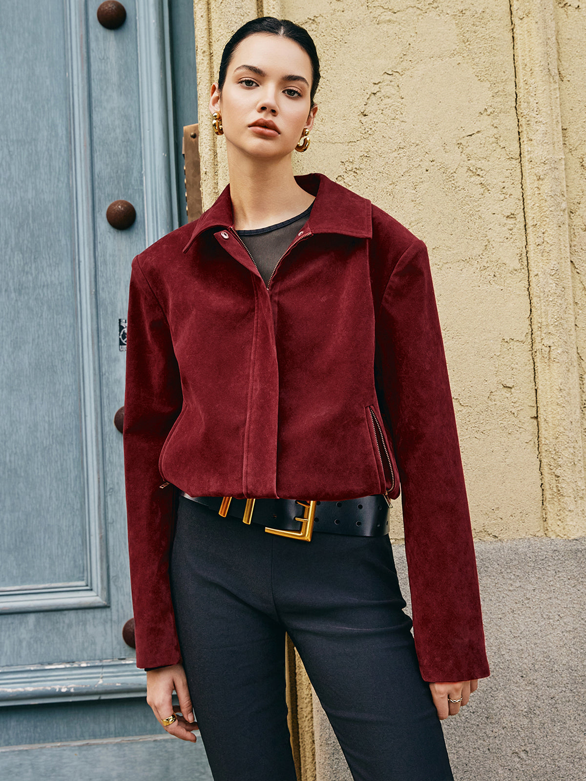 Zipper-Pockets Lapel Suede Jacket-Massicos