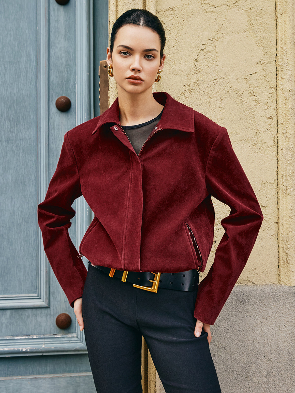 Zipper-Pockets Lapel Suede Jacket-Massicos