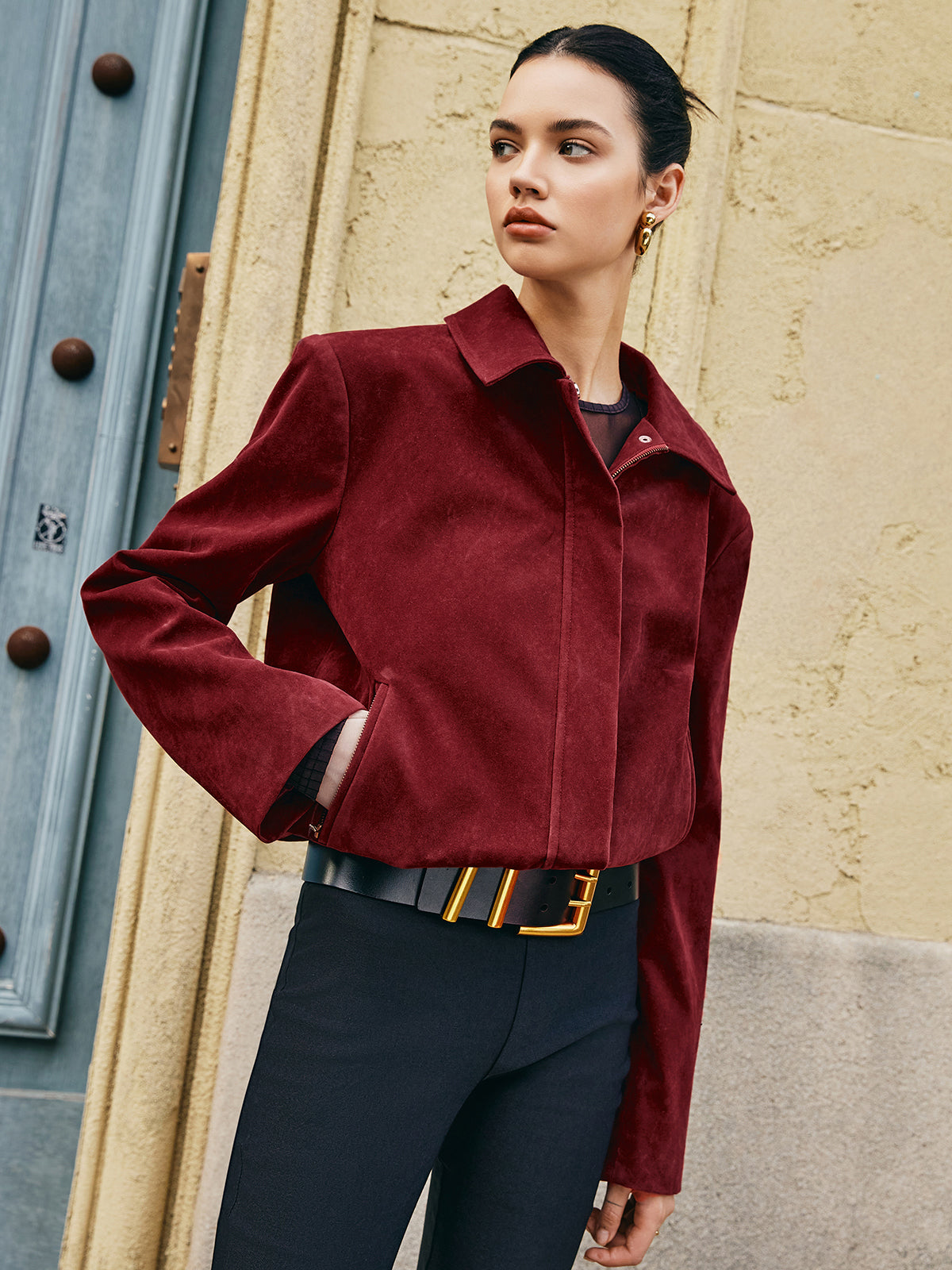 Zipper-Pockets Lapel Suede Jacket-Massicos
