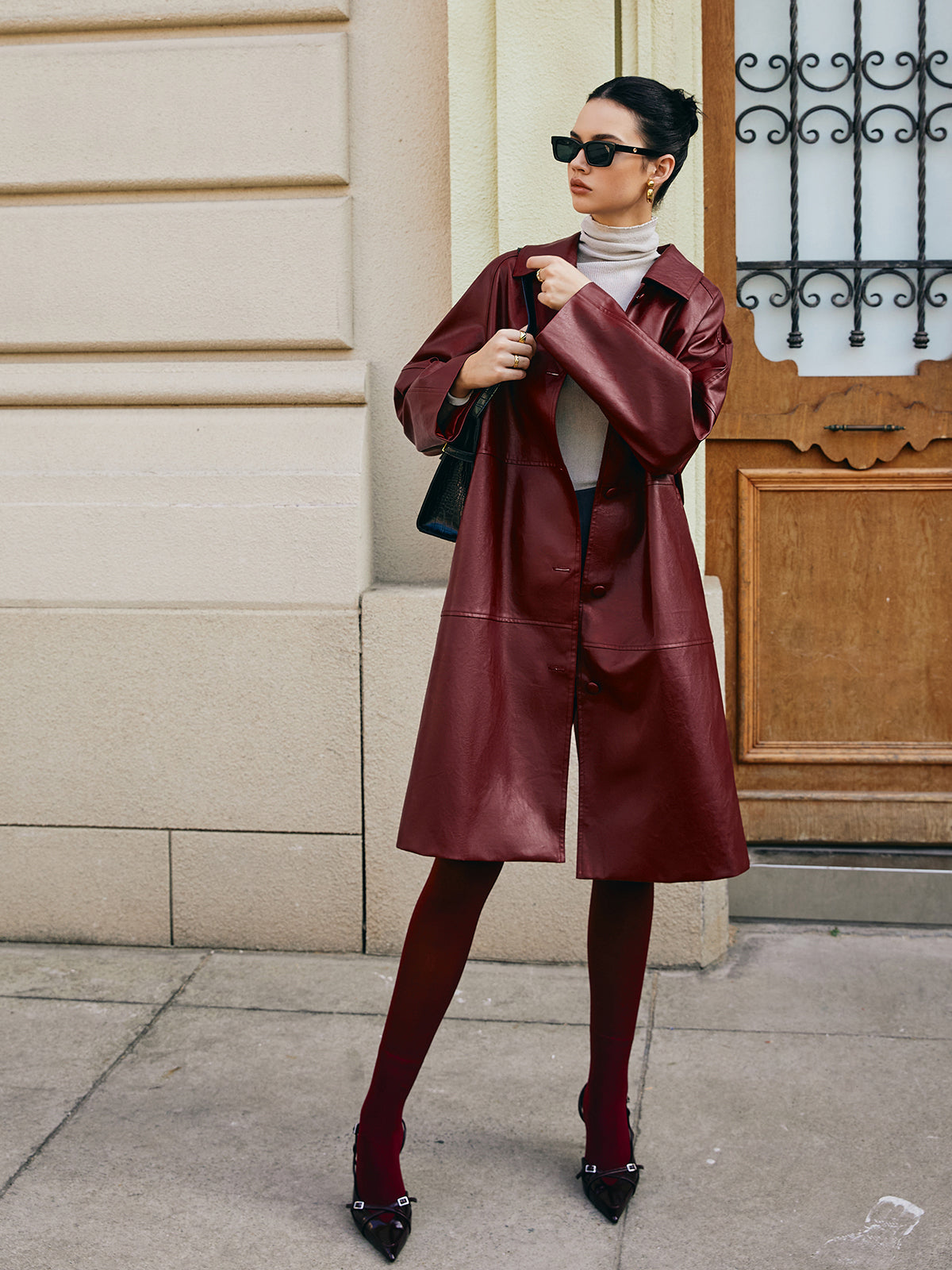Vintage Faux Leather Long Jacket-Massicos