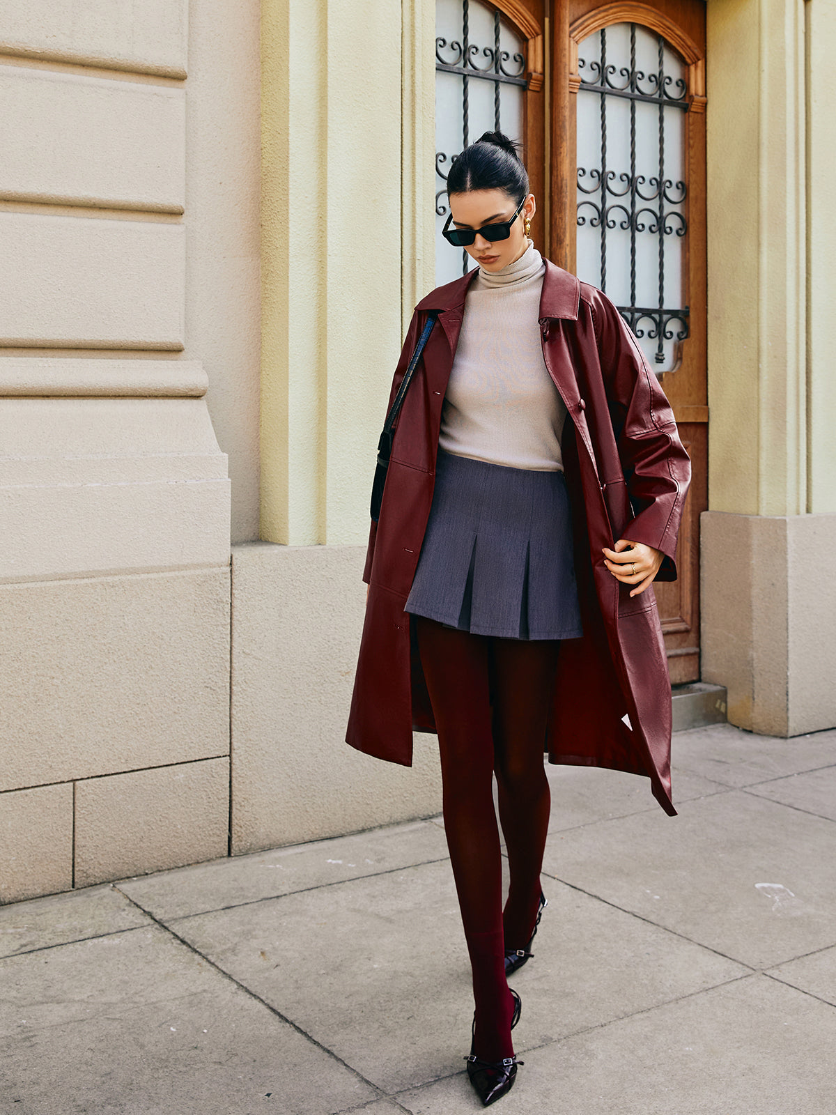 Vintage Faux Leather Long Jacket-Massicos