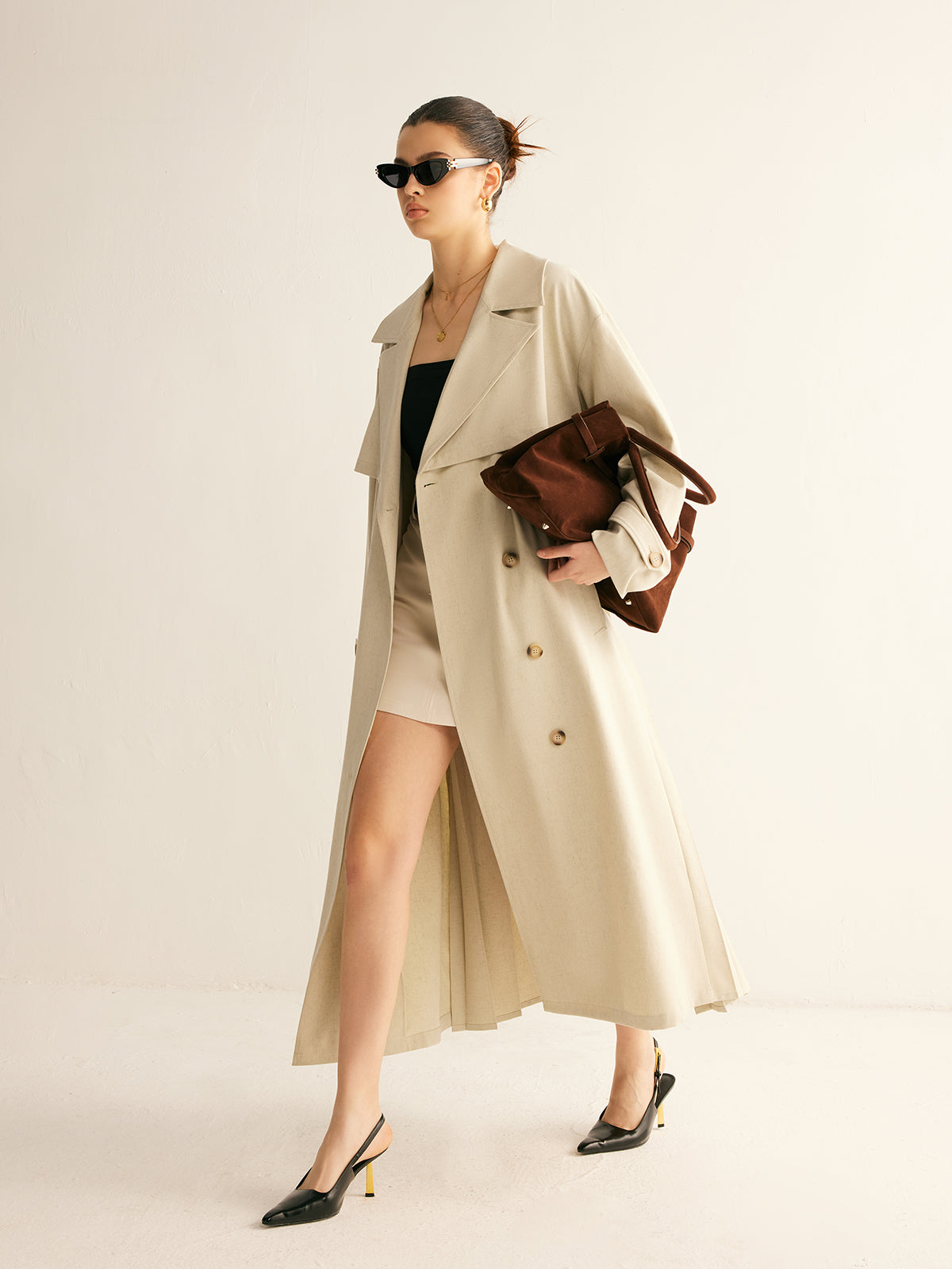 Elegant Pleated Trench Coat With Belt-Massicos