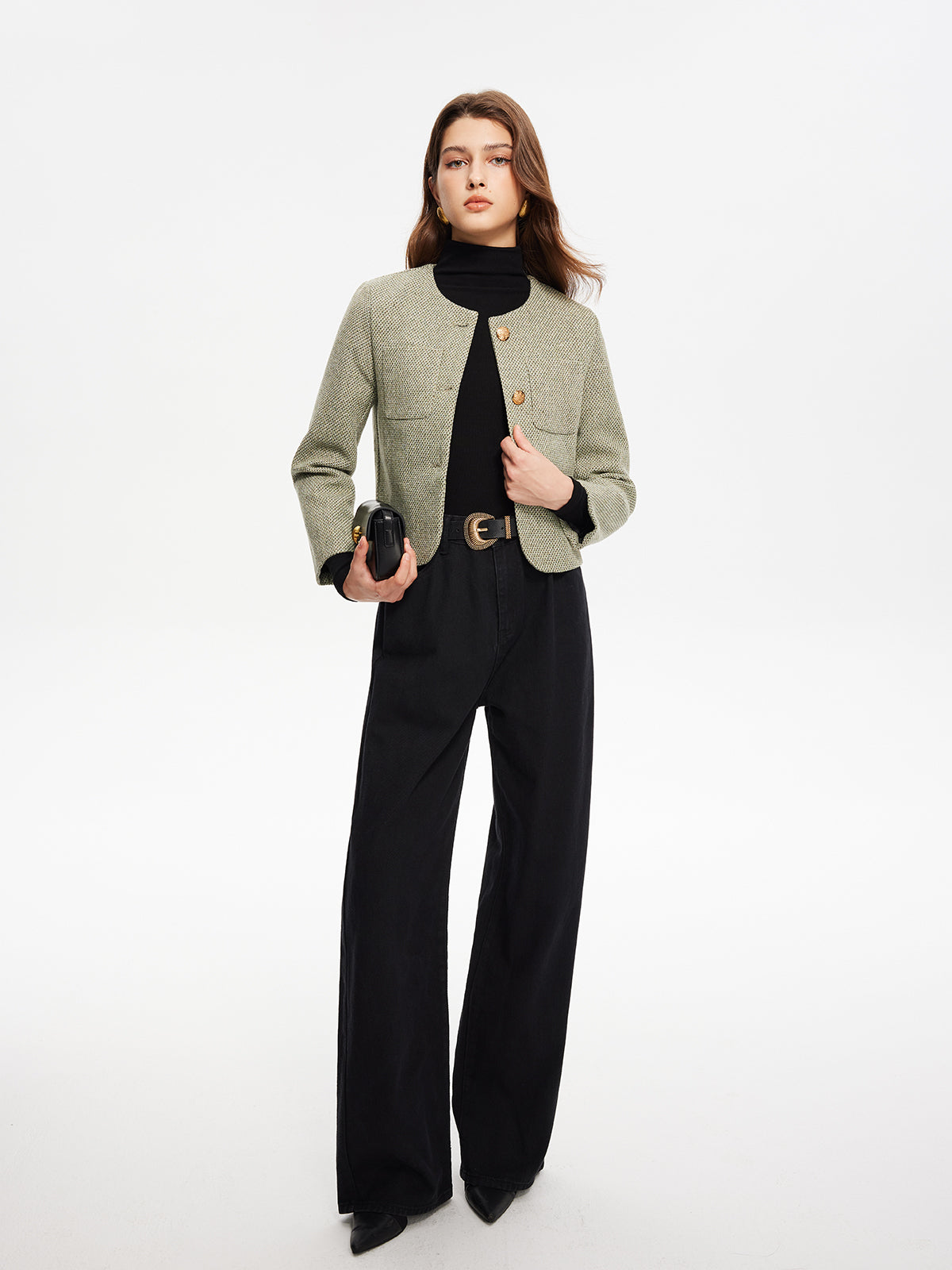 Round Neck Pockets Tweed Jacket-Massicos