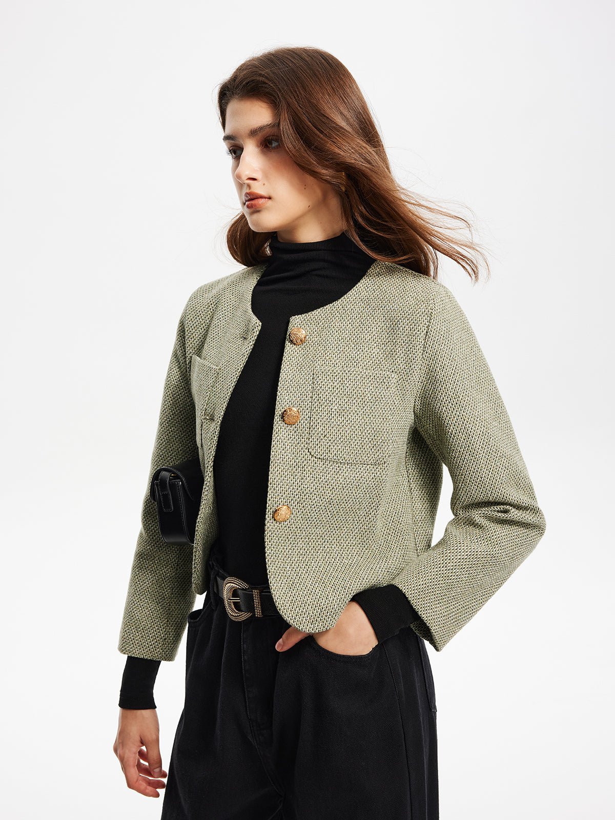 Round Neck Pockets Tweed Jacket-Massicos