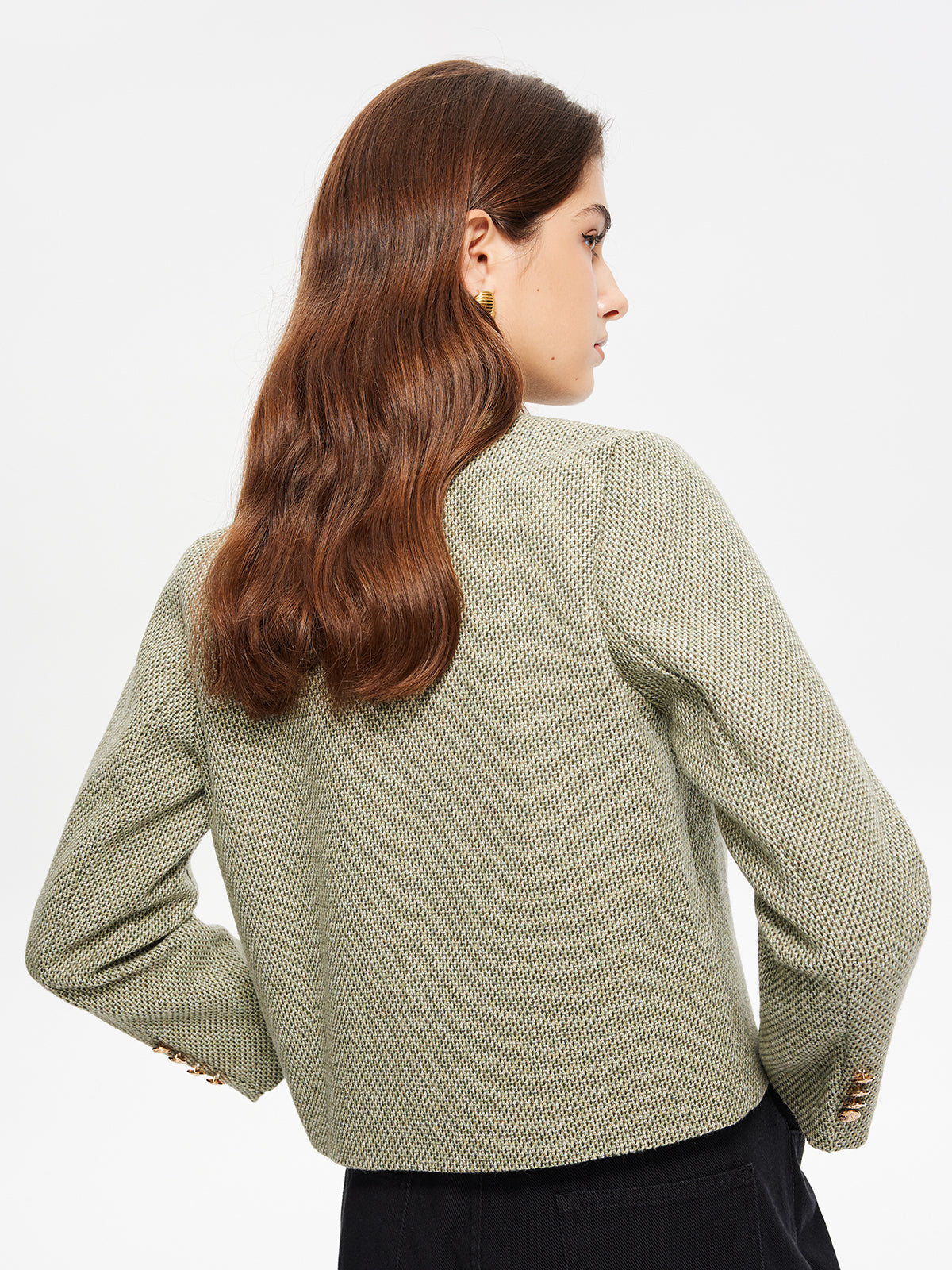 Round Neck Pockets Tweed Jacket-Massicos