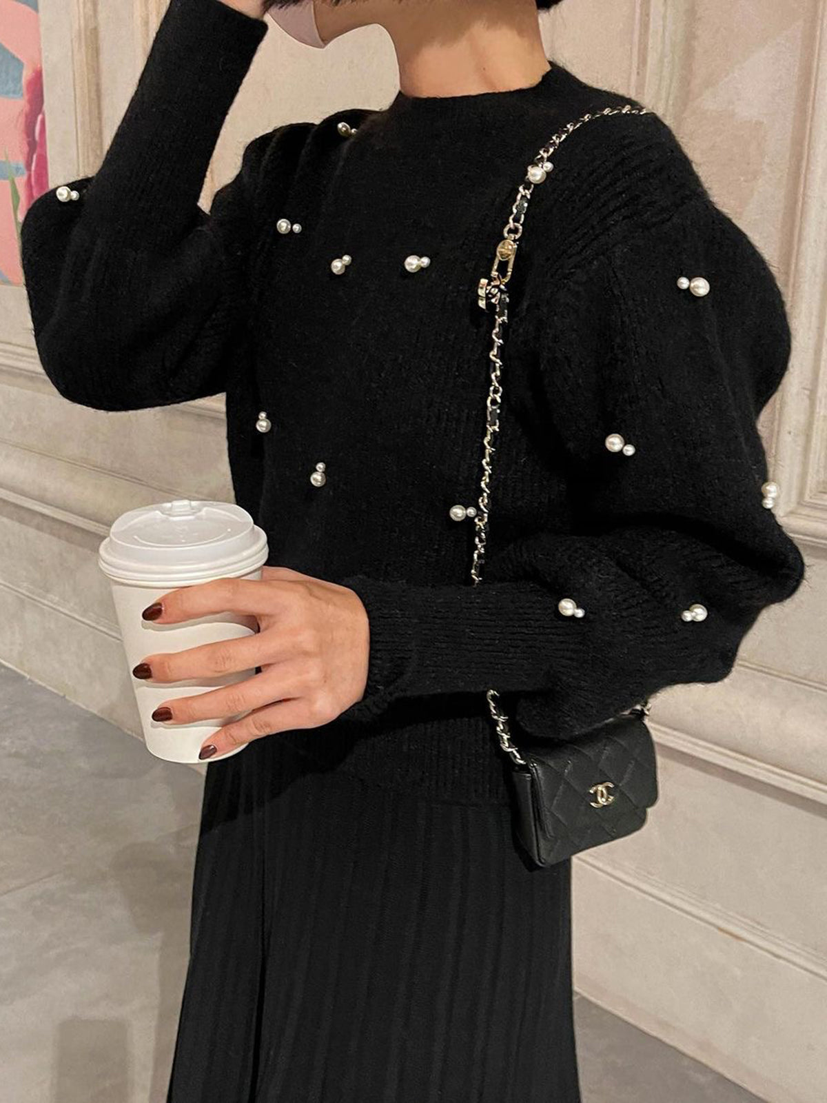 Pearl Beaded Cinched Sweater-Massicos