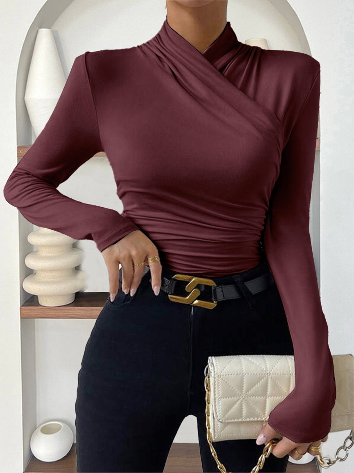 Cross-Over Collar Pleated Cinched T-Shirt-Massicos