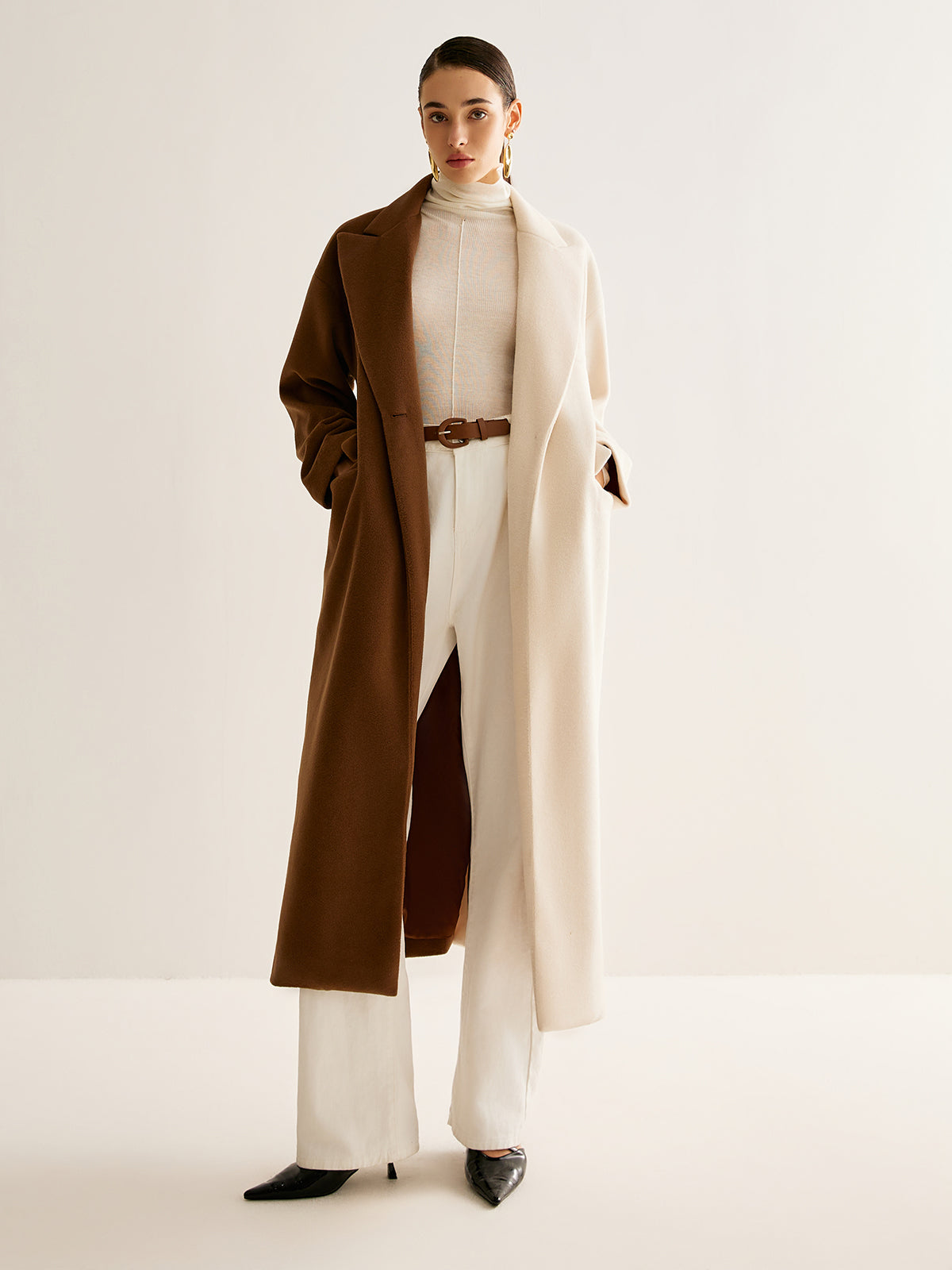 Two-Tone Slit Tweed Long Coat-Massicos