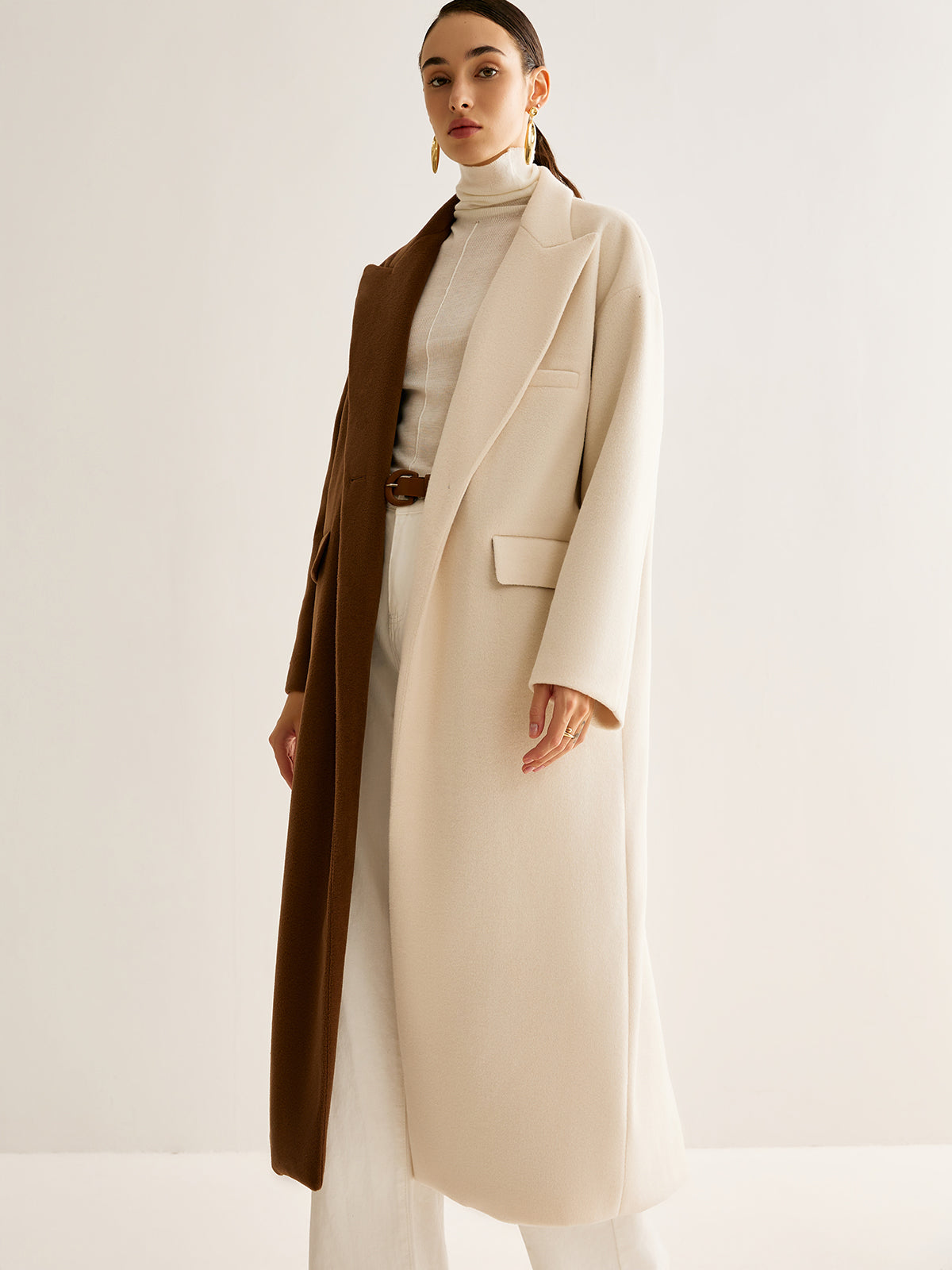 Two-Tone Slit Tweed Long Coat-Massicos