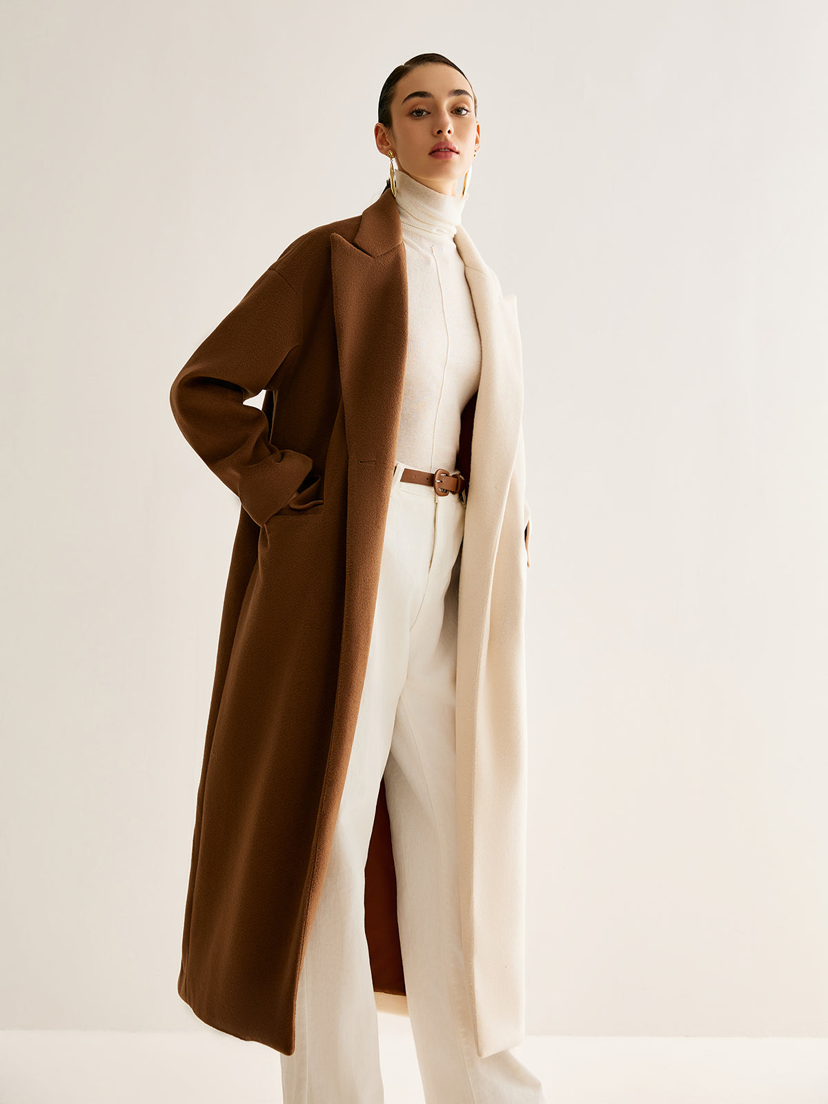 Two-Tone Slit Tweed Long Coat-Massicos